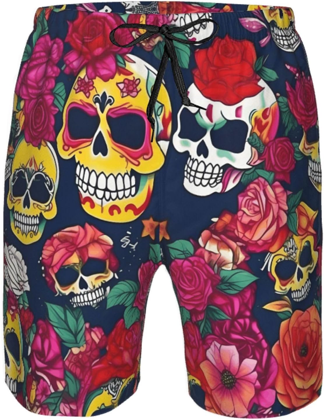 Sugar and Skulls and Flowers Print Mens Casual Shorts Drawstring Summer Beach Stretch Shorts Novelty Swimtrunks