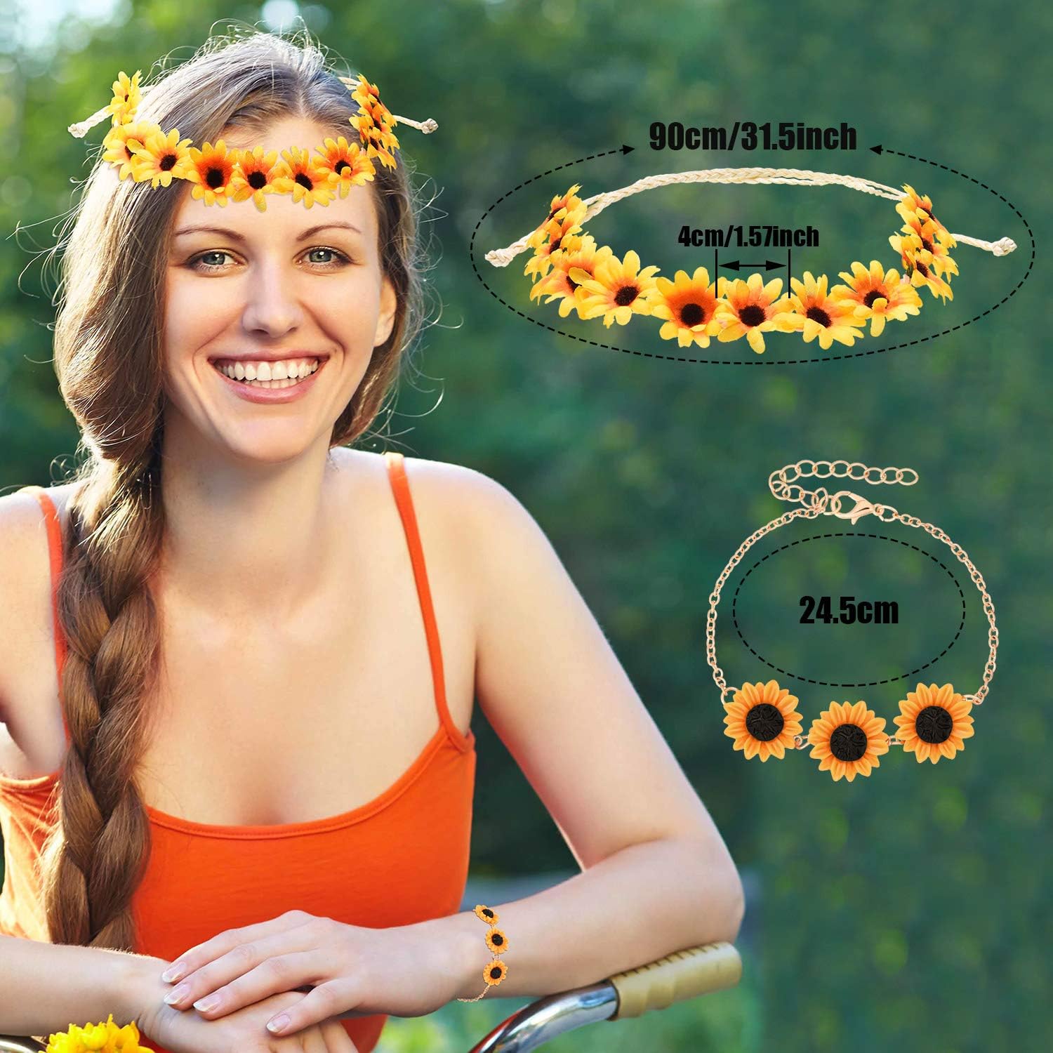 Hicarer 10 Pieces Sunflower Hair Accessories Sunflower Necklace Earrings Bracelet Ring Set Daisy Hair Clip Boho Headband Wreath Jewelry Accessories for Summer Women Bridal Wedding Gifts - Image 2