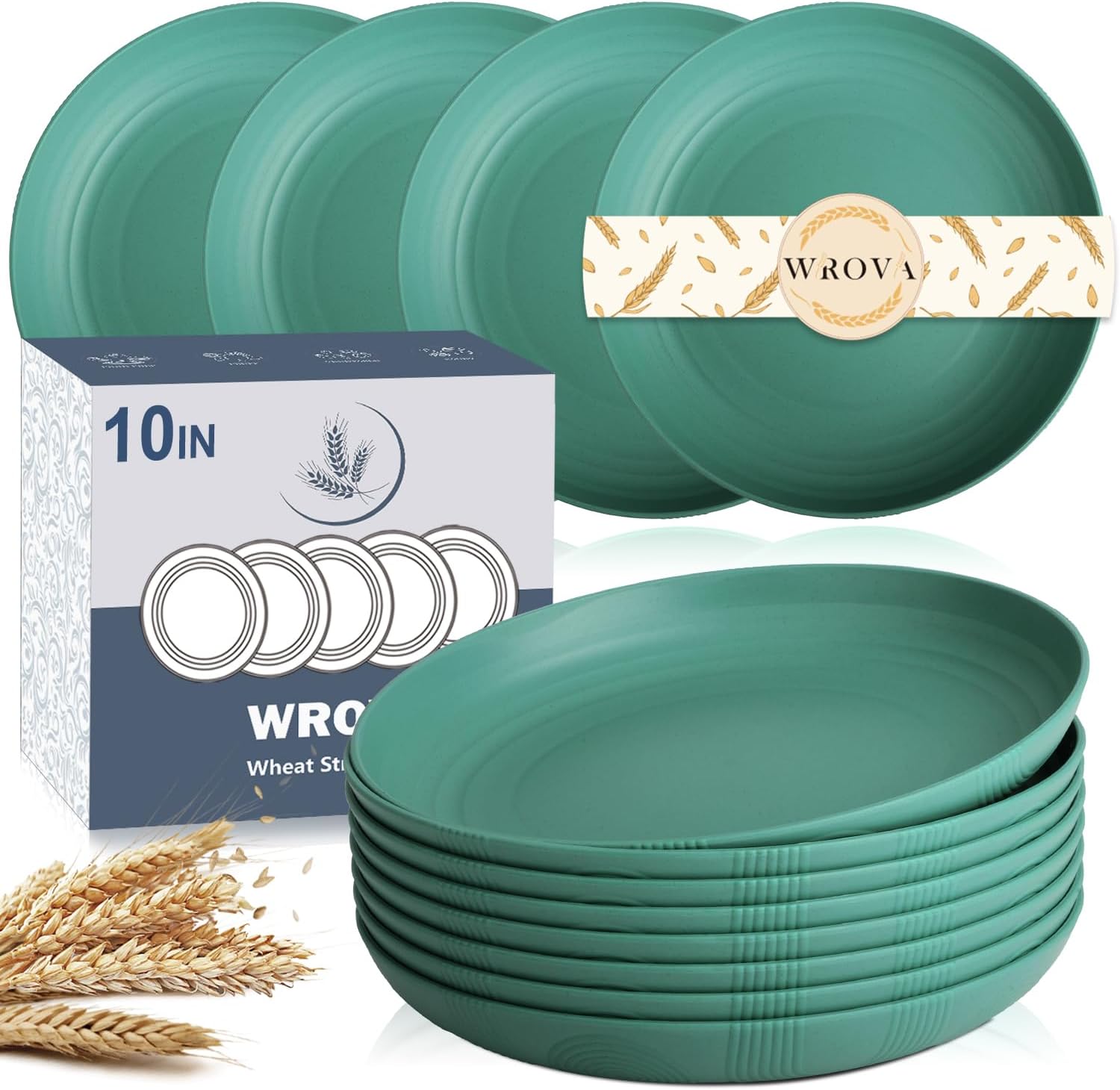 Wheat Straw Plates – 10 Inch Unbreakable Dinner Plates Set of 8 – Dishwasher & Microwave Safe Plastic Plates Reusable for Indoors and Outdoors (Green)