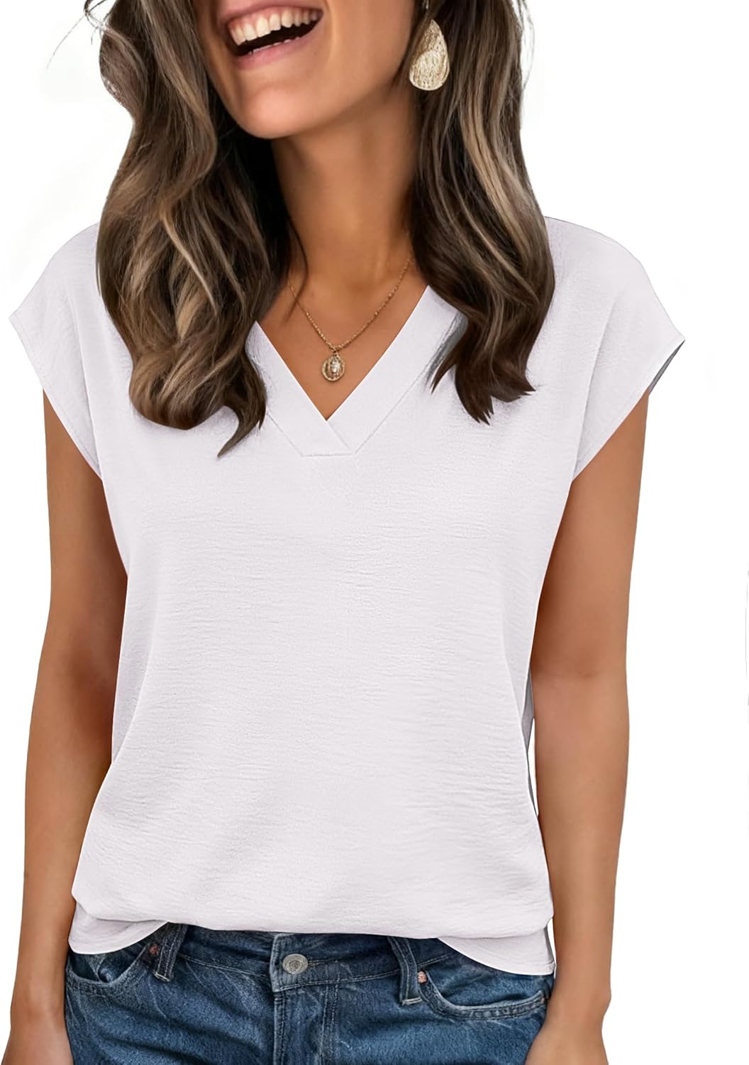 Zeagoo Womens Tops Cap Short Sleeve Textured Blouse V Neck Summer Spring Shirts Business Casual Outfits