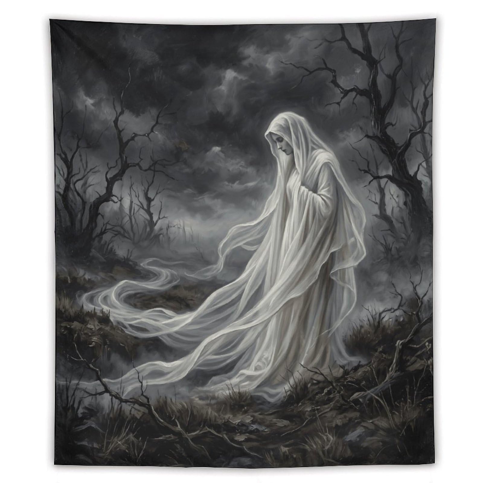 H3B8U2Y5 White Ghost Storm Forest Wall Tapestry, Gothic Oil Style, Bed