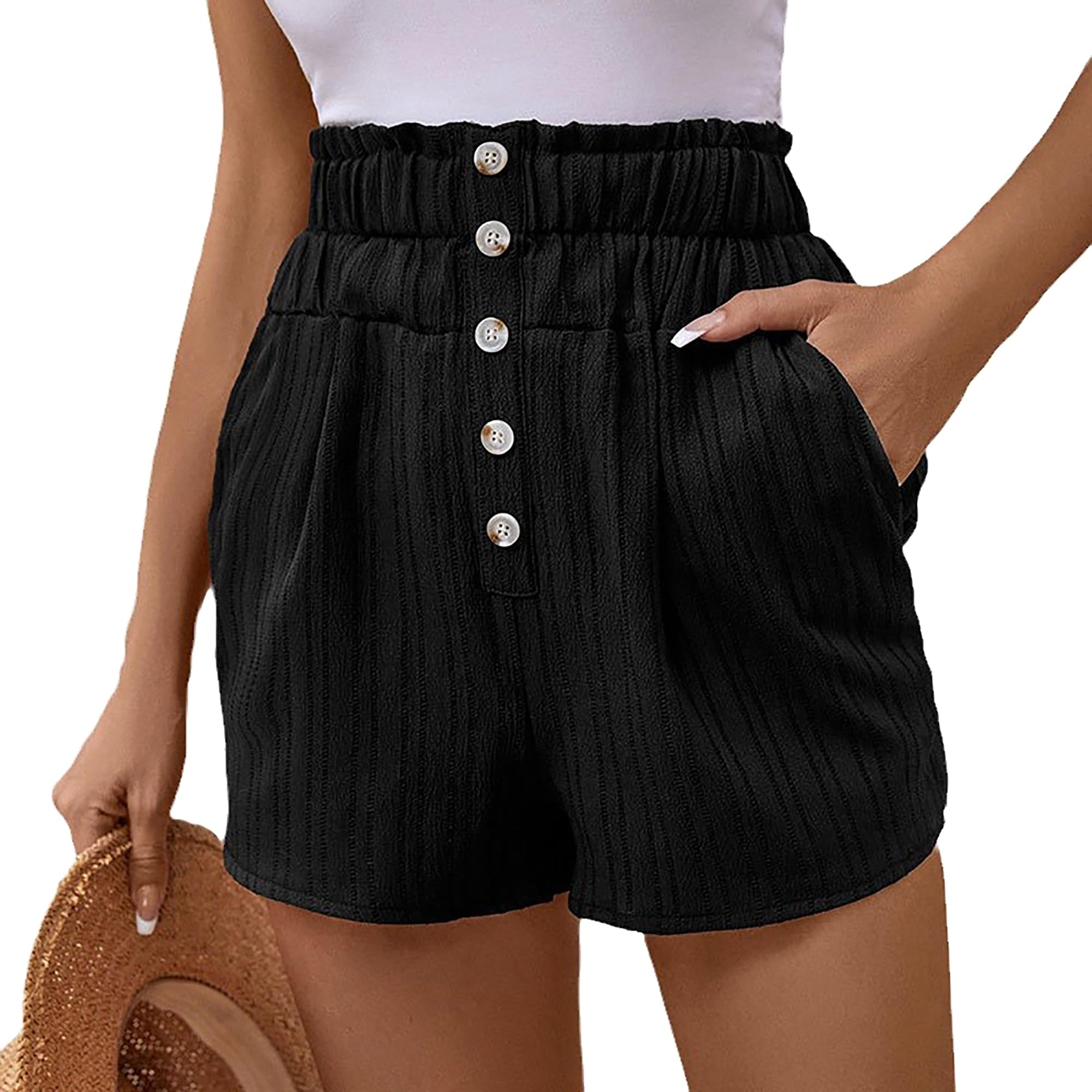 clhjinruoliu Women Short Pants Summer Black High Waist Shorts Female Casual Pocket Shorts,Black,L