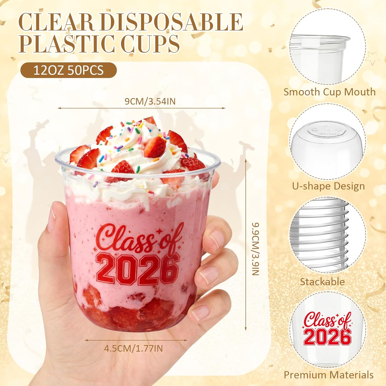 Potchen 50pcs Graduation Cups Class of 2026 12oz Clear Plastic Graduation Party Cups for 2026 Celebration Party Supplies Congrats Grad Tableware Decoration(Red)