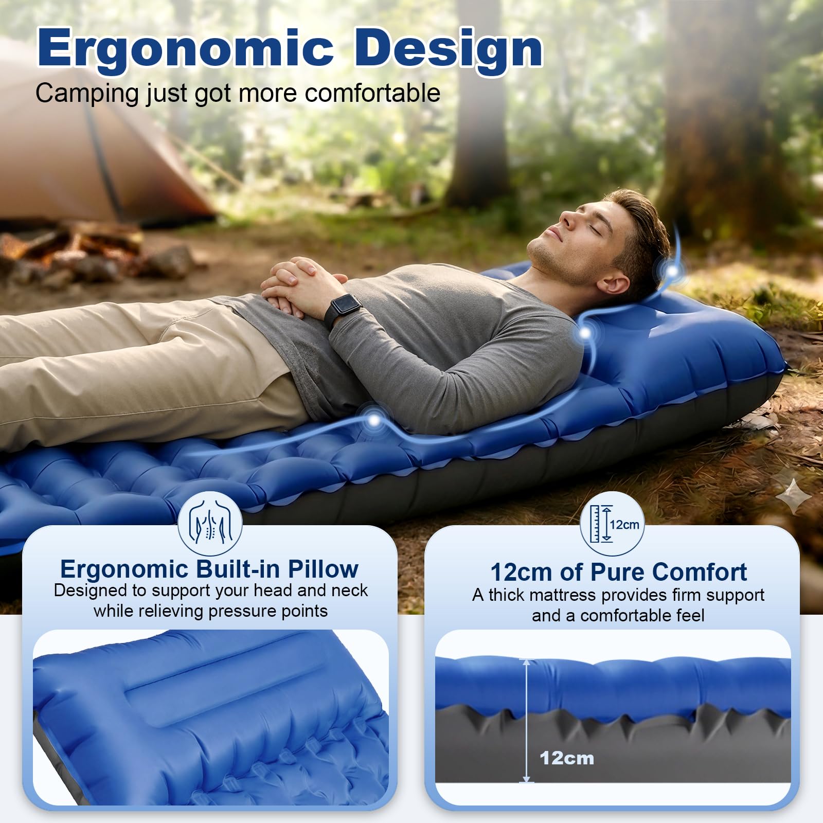 JATEKA Materassino Campeggio Singolo Gonfiabile Extra Largo 83cm, con Cuscino Integrato 16cm, Ultra Leggero e Pieghevole, Materasso Gonfiabile con Pompa a Pedale, per Trekking e Viaggi, Blu e Grigio - 4