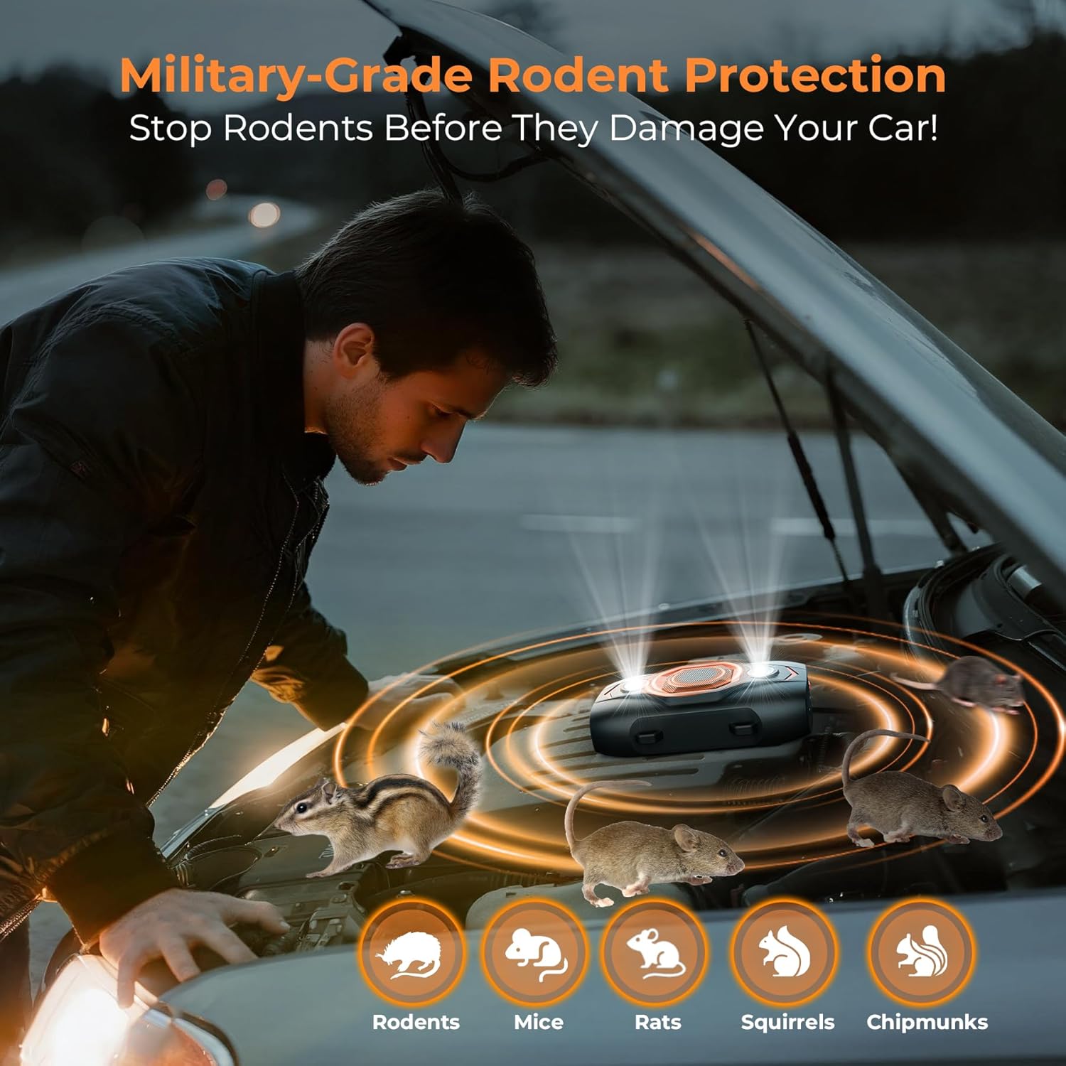 Rodent Repellent for Car Engines, Ultrasonic Mouse Deterrent with Strobe Lights, Battery Powered Car Rodent Repellent Under Hood – Keep Rat, Mice & Chipmunk Away from Vehicle, RV, Garage & Attic