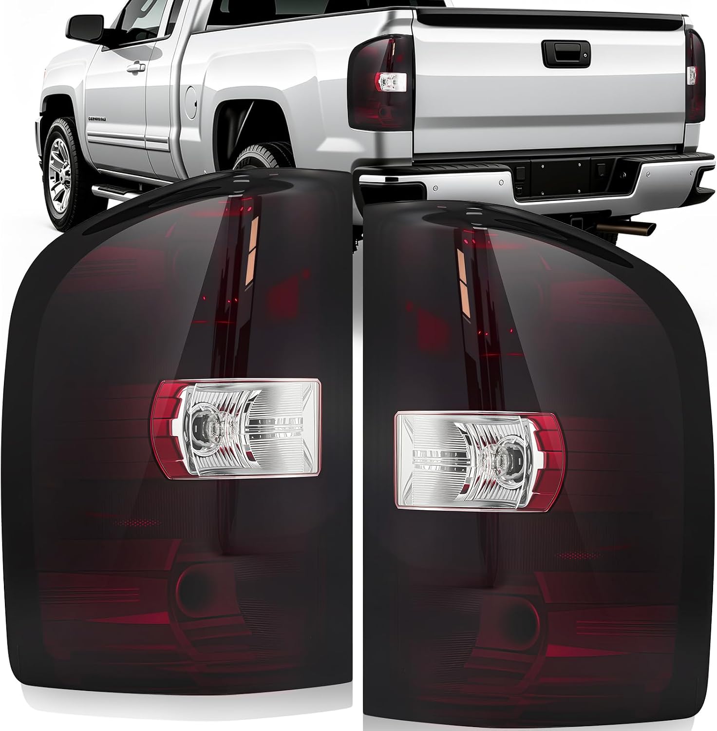Tail Light Assembly Compatible with 2007-2013 Chevy Silverado 1500 2500HD 3500HD, Smoked Red Tail Lights Replacement, Rear Taillights Driver and Passenger Side, with Bulbs & Harness