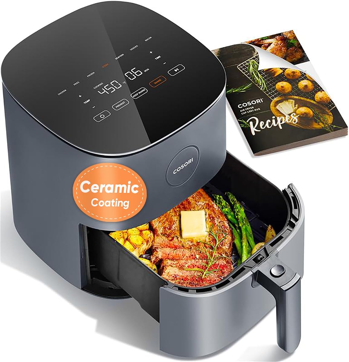 Cosori Air Fryer Pro LE 5 Qt, 9-in-1, Ceramic Coating, Shake Reminder, Grey | 7 presets with Reheat, Keep Warm, Max 450°F, 85% Less Oil, Touch control, LED glass panel, 130+ Chef-inspired Recipes, 1500W
