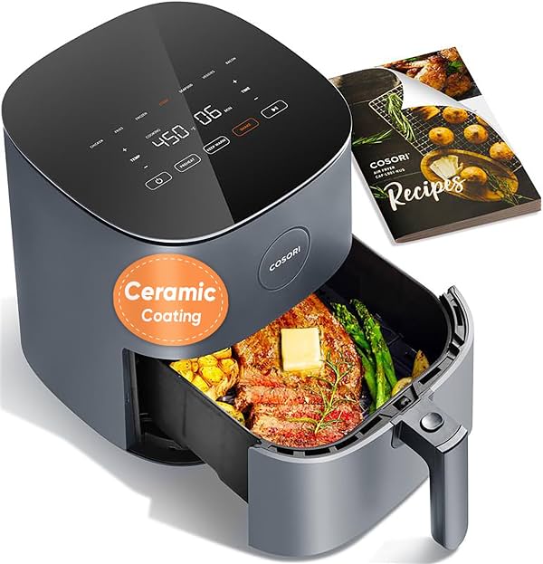 Cosori Freidora de Aire Pro, Compacta 5QT, Recubrimiento de Cerámica, 7 Preajustes con Precalentamiento y Mantener Caliente, 450℉, Fácil de Usar y Limpiar, Recordatorio de Agitar, 130+ Recetas en la App, Canasta Antiadherente y Apta para Lavavajillas, Gris