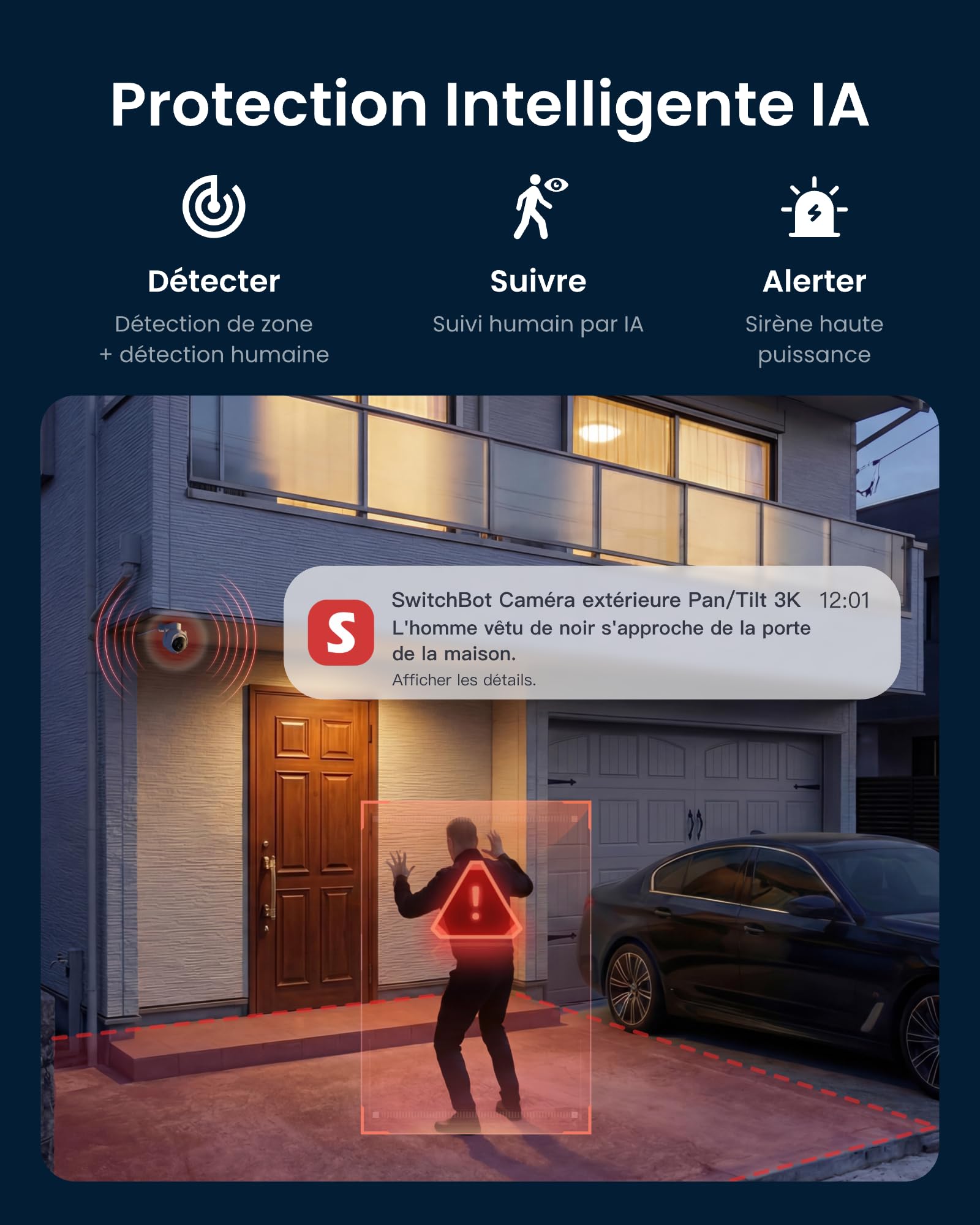 SwitchBot 3K Camera Surveillance WiFi Exterieure, avec Recherche Vidéo IA, Alertes De Scène, Rapports Quotidiens, PTZ Suivi Auto 360°, Wi-FI 2,4 Ghz, Alexa, Google Home, RTSP