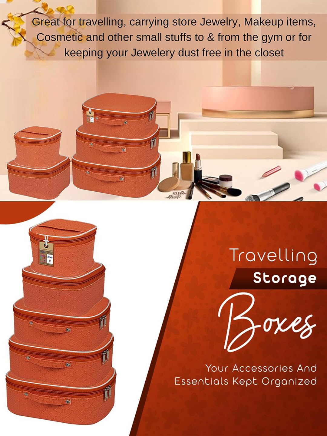 atorakushon® Fabric Makeup Storage Box Travelling Vanity Cosmetic Toiletry Bag Necklace Wardrobe Organizer Jewellery Pouch for Women (Peach) 4