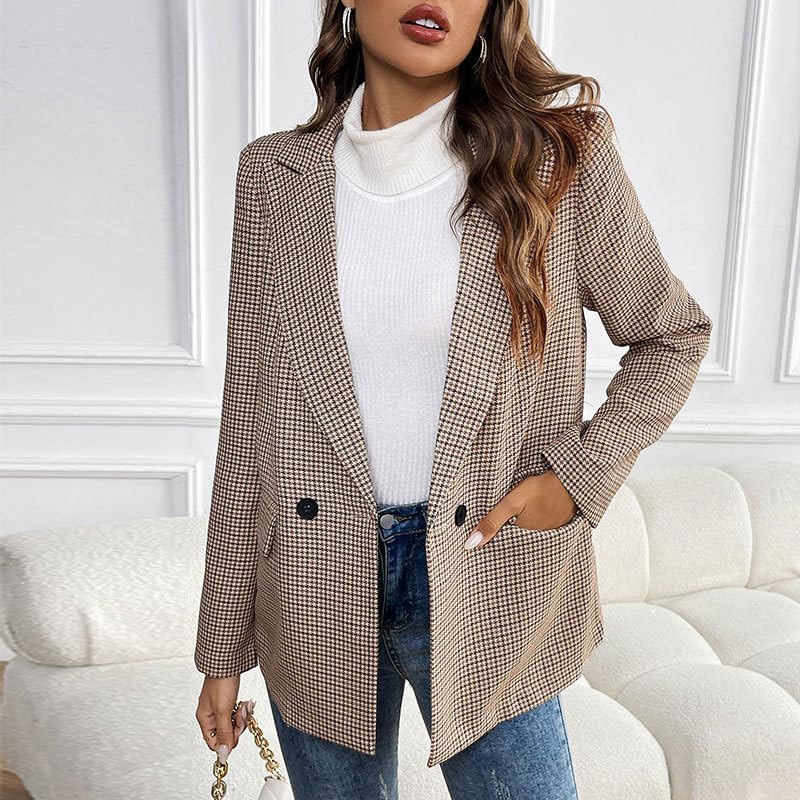 HGps8w Women's Retro Plaid Blazers, Elegant Notched Long Sleeve Casual Suit Jacket Business Office Outerwear with Pockets2