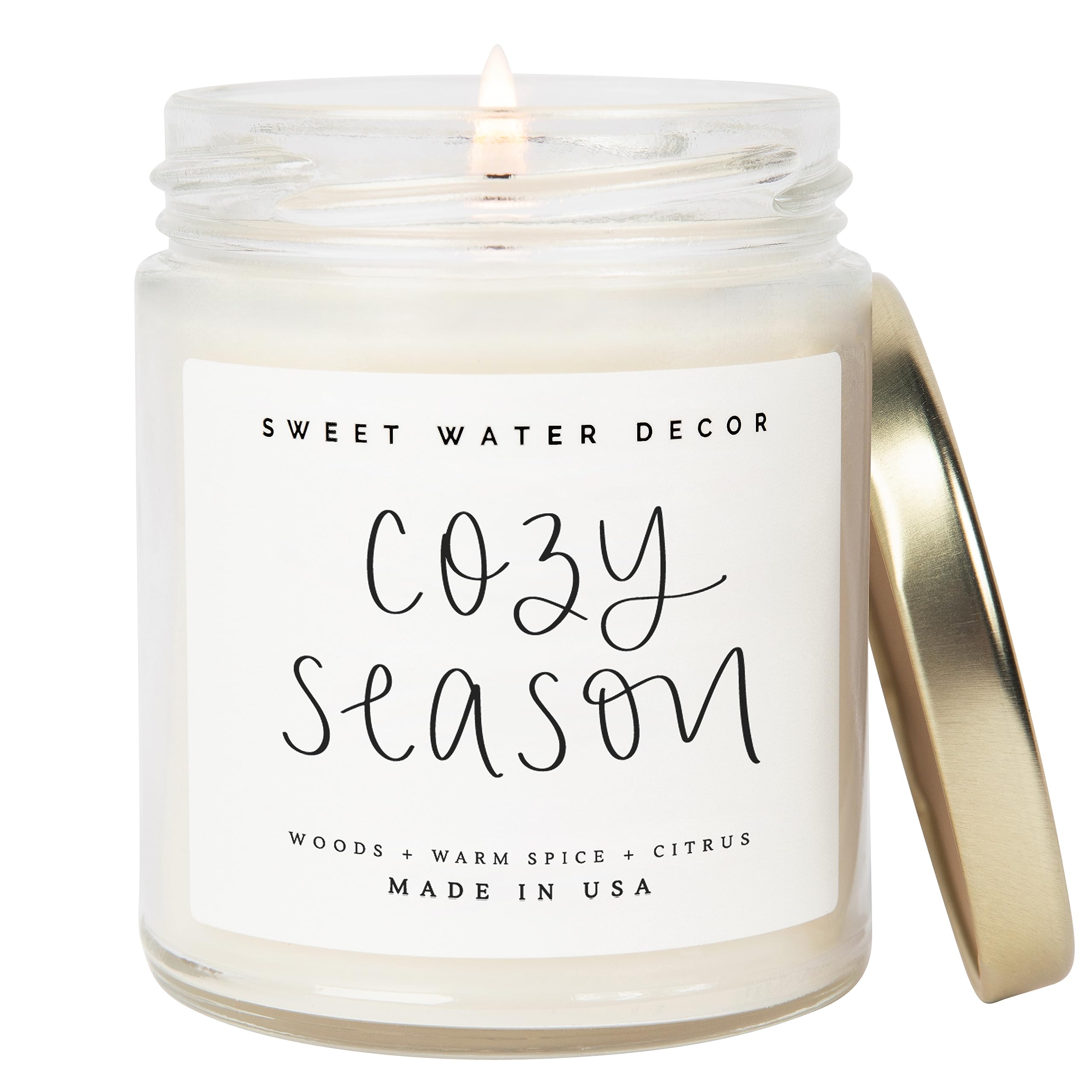 Sweet Water Decor Cozy Season Candle - Woods, Warm Spice, and Citrus Autumn Scented Soy Candles for Home - 9oz Clear Jar, 40 Hour Burn Time, Made in The USA