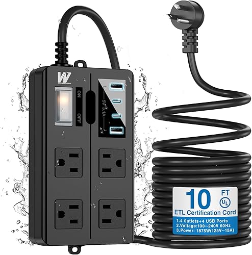 Miniatura 9 de Regleta de alimentación para exteriores resistente a la intemperie, cable de extensión de 6 pies, 6 salidas y 3 puertos USB, tira de alimentación de