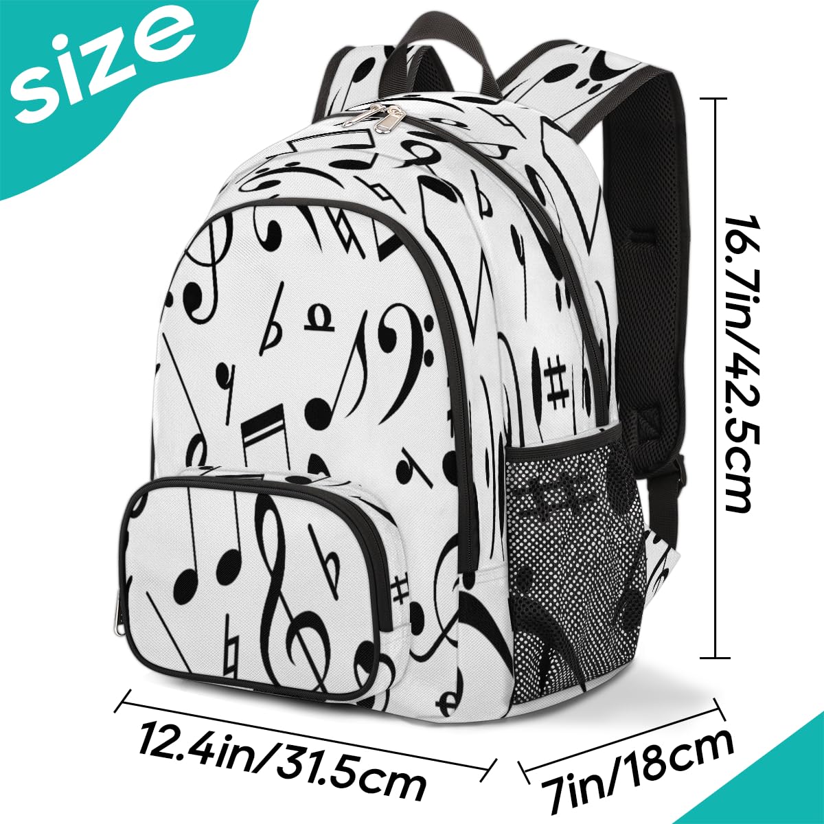 TropicalLife Rucksack mit Musiknoten, Mehrzweck-Rucksack für Kinder, Mädchen, Jungen, Männer, Frauen, 18,4 l, schwarzer Noten-Rucksack, Schule, Büchertasche, lässiger Laptop-Tagesrucksack, farbig,