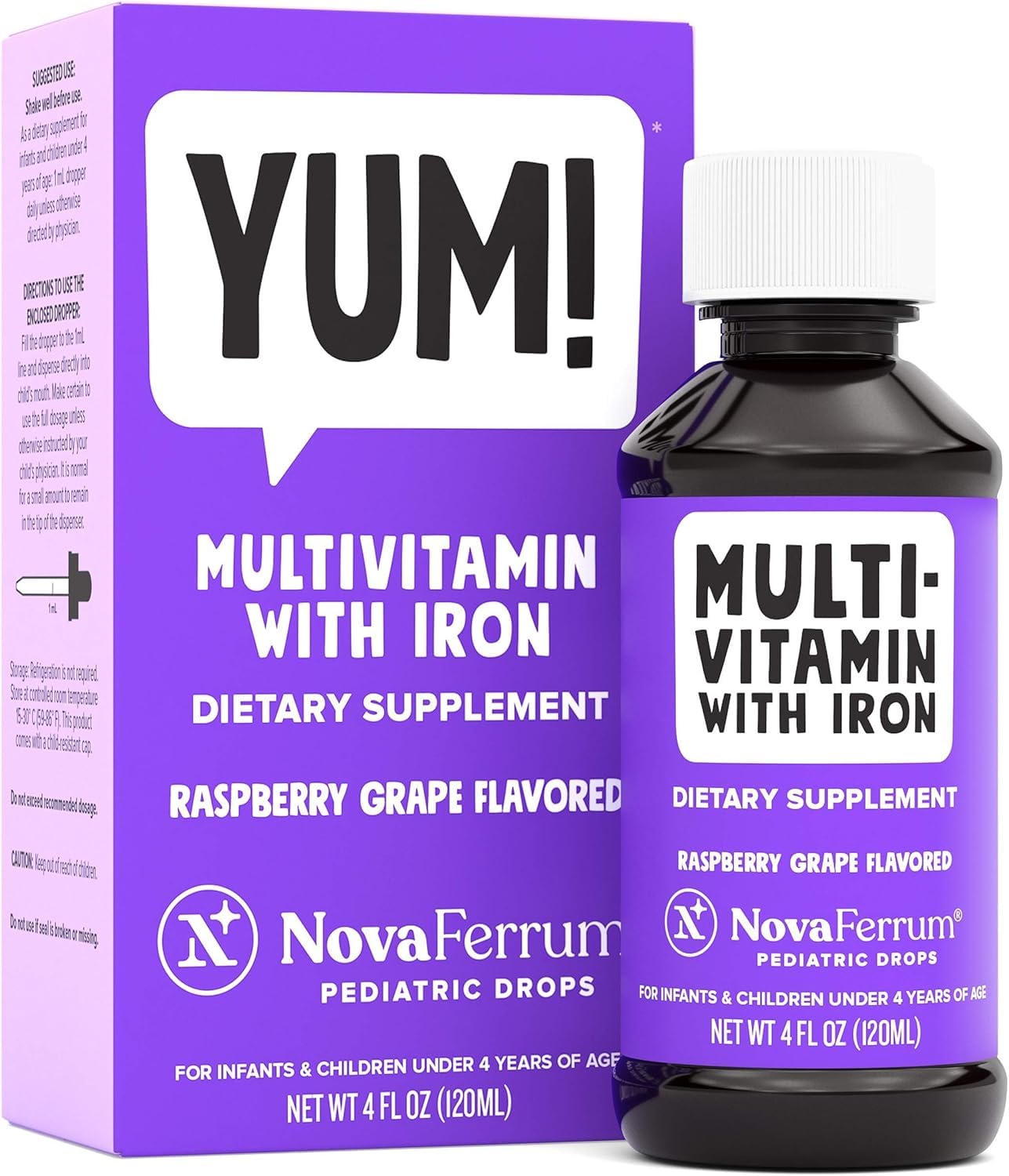 NovaFerrumYum | Multivitamin with Iron for Infants, Toddlers & Kids | Immune Support | Ages 4 & Under | Gluten Free Certified | Sugar Free | Raspberry Grape | 120 Servings