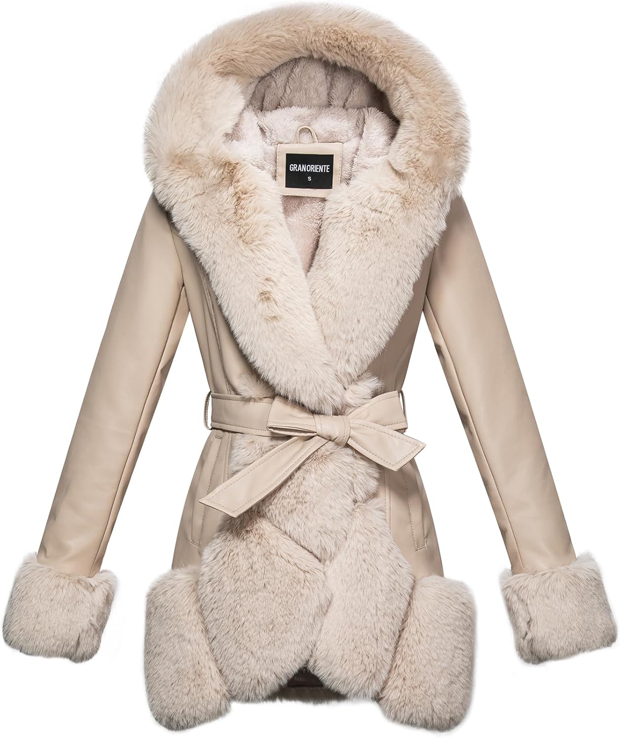 GRAN ORIENTE Women's Faux Leather Coat with Faux Fur Collar,Winter Warm Belted Mid Length Trim Jacket Fur Lined with Hood - Image 3