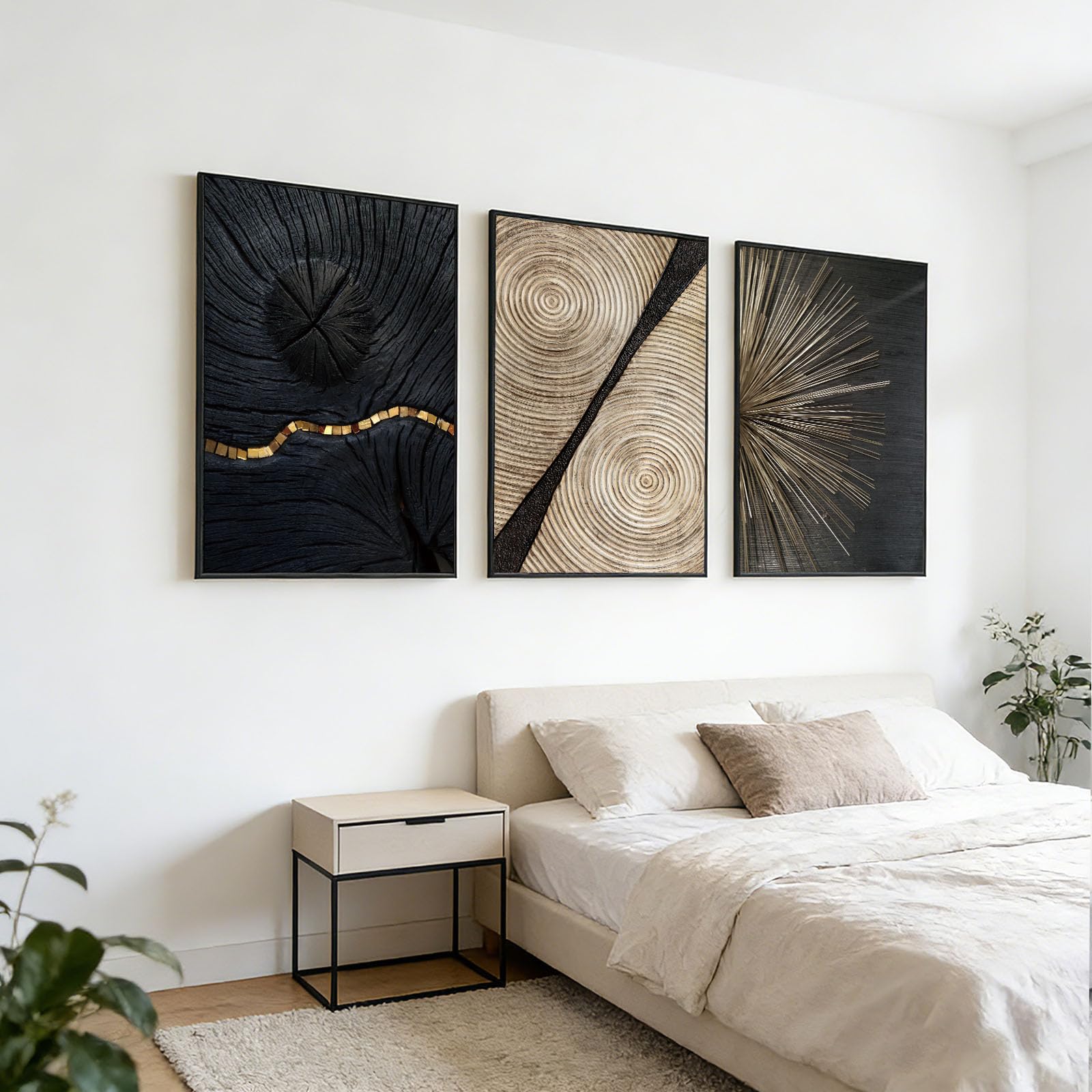 JLCZBT Set de 3 pósteres de diseño, negro y oro, imágenes de arte abstracto para la pared, fotos en línea, oro, decoración del salón, sin marco (anillos de árbol dorados, 40x60cm)