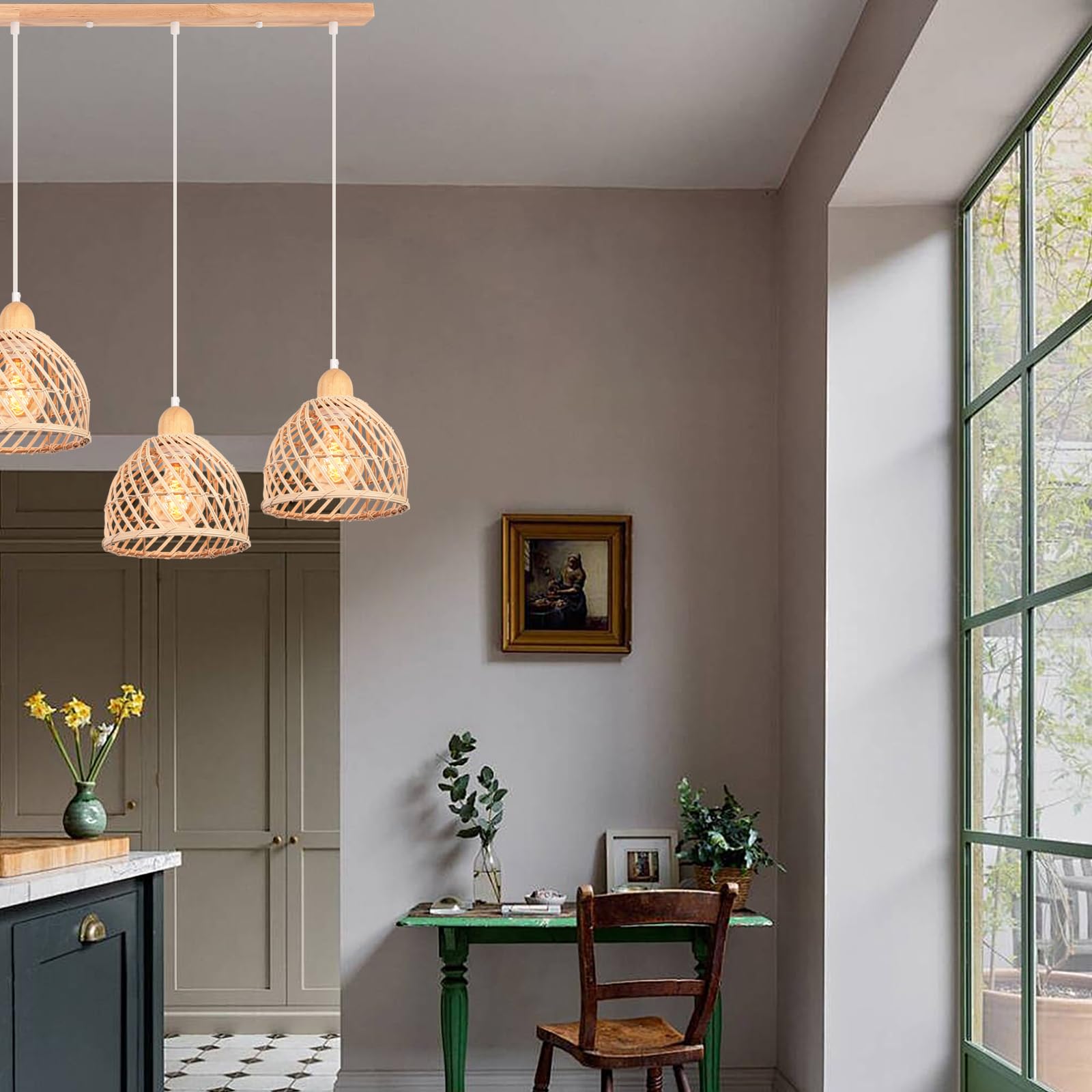 iDEGU 3 Lampade a Sospensione, Moderna, Lampada da Soffitto, in Legno e Bambù, Spirale, Vintage, E27, Lampada da Soffitto, Retro, Lampada a Sospensione, Rattan, per Sala da Pranzo, Cucina, Soggiorno