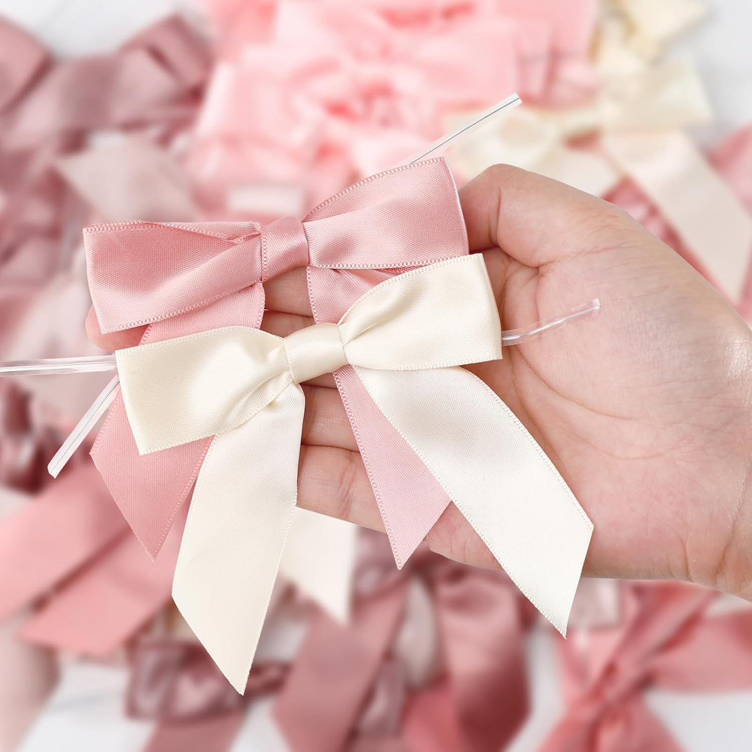 50 Pcs Twist Tie Bows, 3.5 Inch Satin Ribbon Bows,Dusty Rose Bow for Gift Wrapping, Pretied Premade Craft Bow for Treat Bags, Wedding Decor, Birthday, Bridal Shower Favors, 5 Colors - Image 7