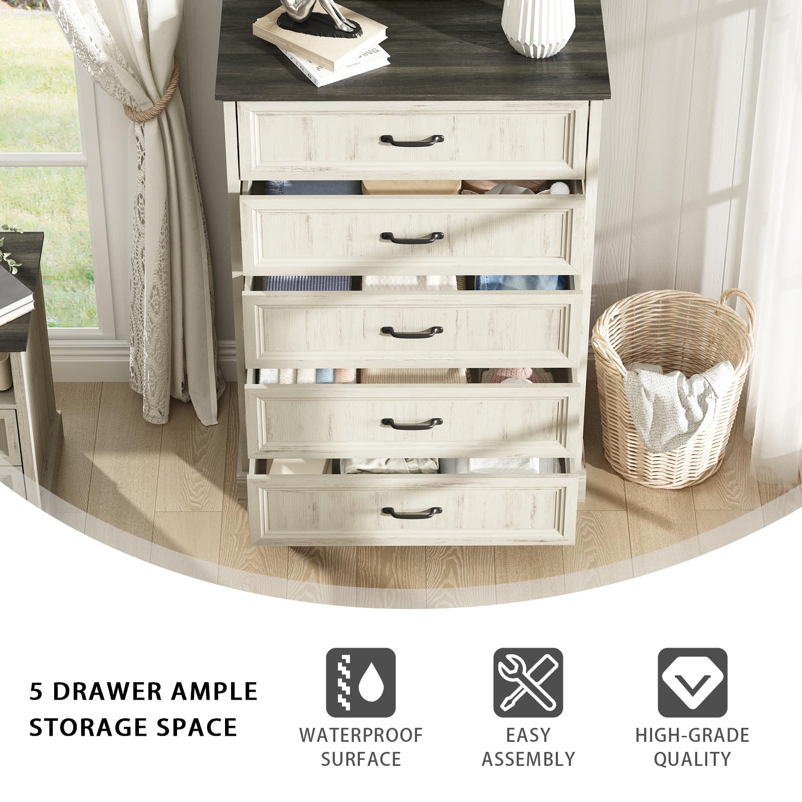 Amazon.com: Farmhouse 5 Drawers Dresser for Bedroom, 44" Tall White Dresser  Wood Rustic Chest of Drawers with Wide Metal Handle,Natural Texture,Drawer  Organizer for Bedroom,Living Room,Hallway and Entryway : Home & Kitchen