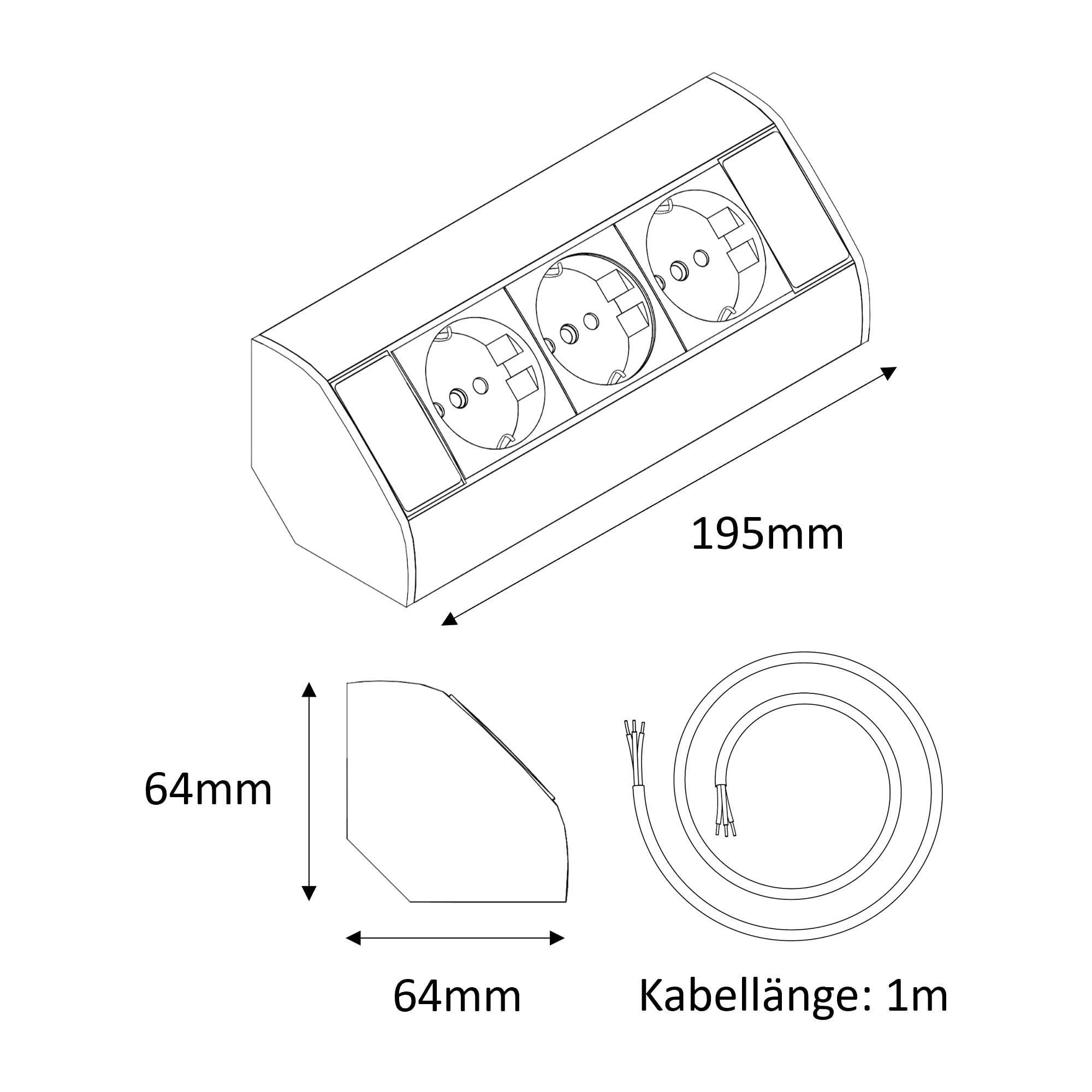 Bernstein 3-Fach Steckdosenleiste für Ecken schwarz zum Nachrüsten in Spiegelschrank und Badmöbel Set mit 100 cm Kabel ohne Stecker