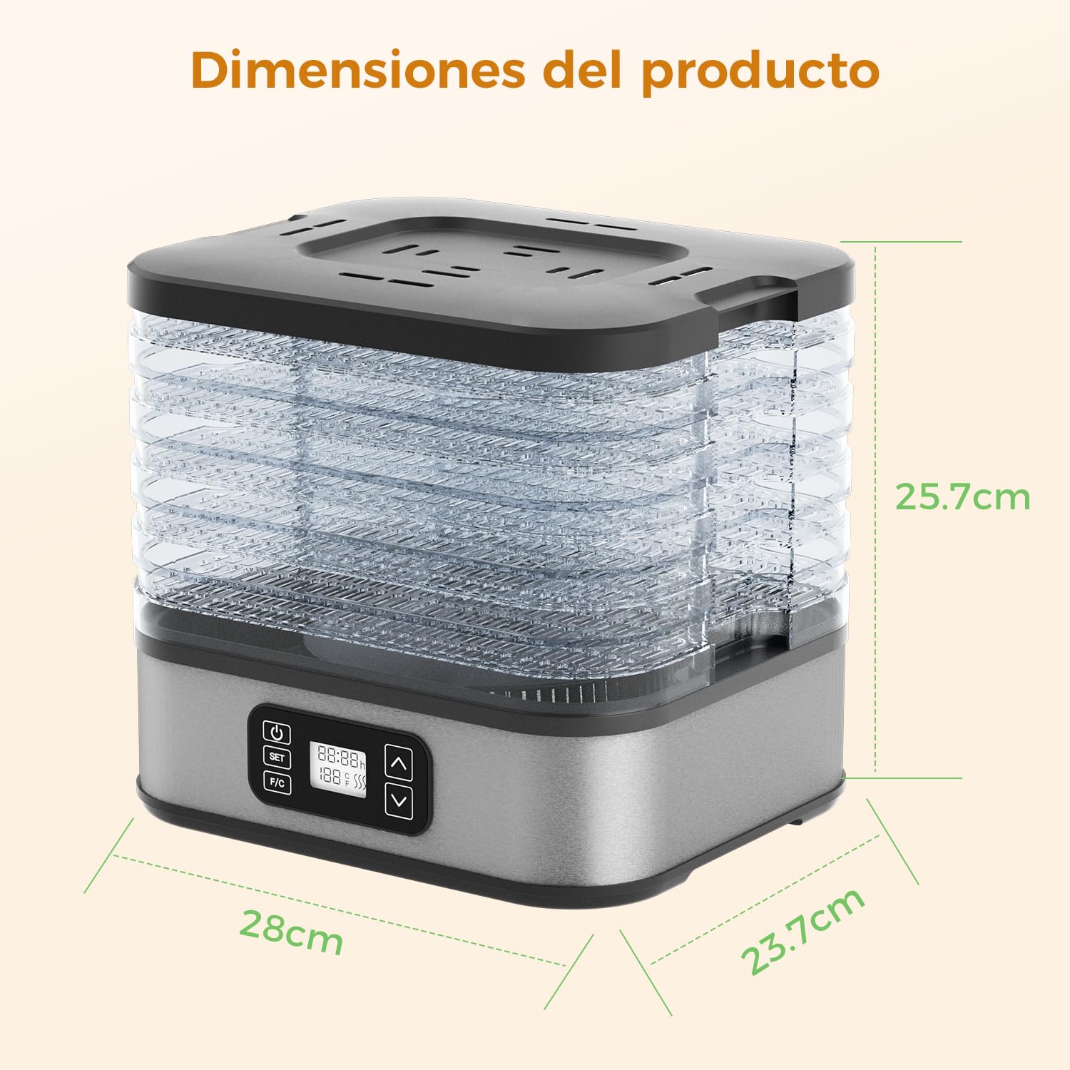 WOOX Deshidratador de Alimentos 240W, Deshidratador con 5 Bandejas Altura Regulable, Pantalla LED, Temporizador 99H y Temperatura Ajustable, Deshidratadora de Frutas y Verduras, Sin BPA