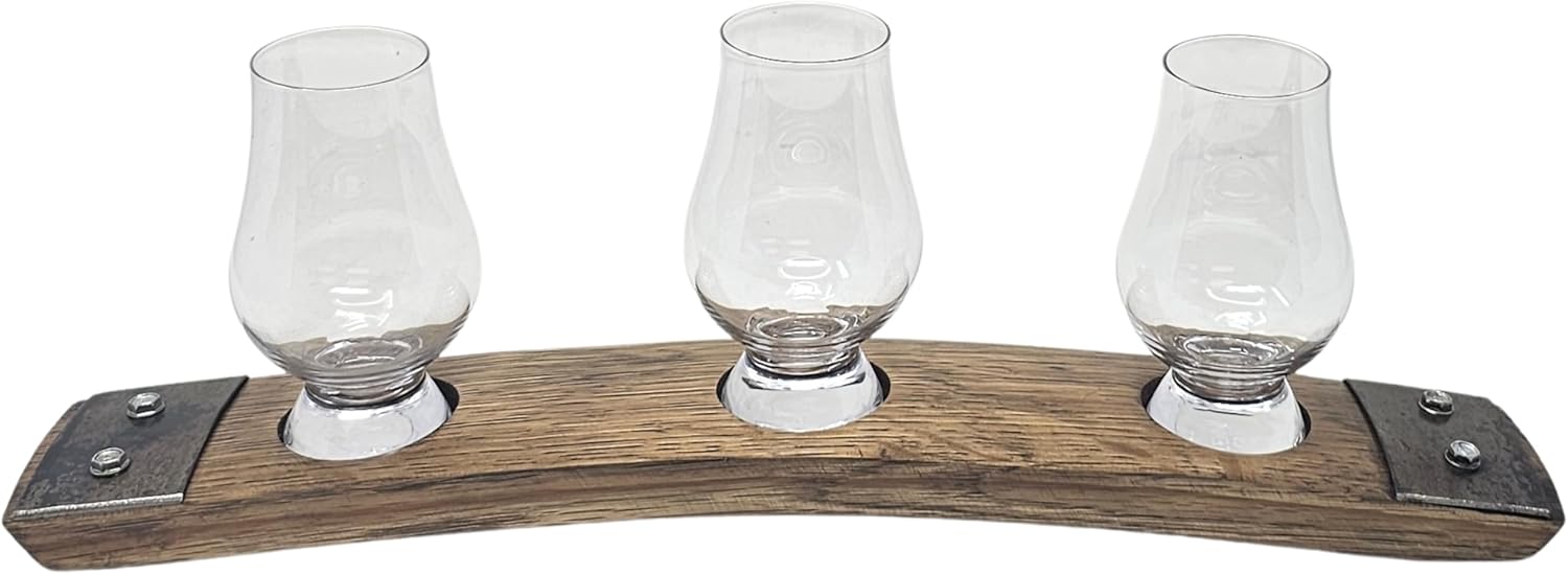 Barrel Stave Premium 3 Glass Whiskey Flight Serving Tray with Glencairn Glasses, Dark Walnut