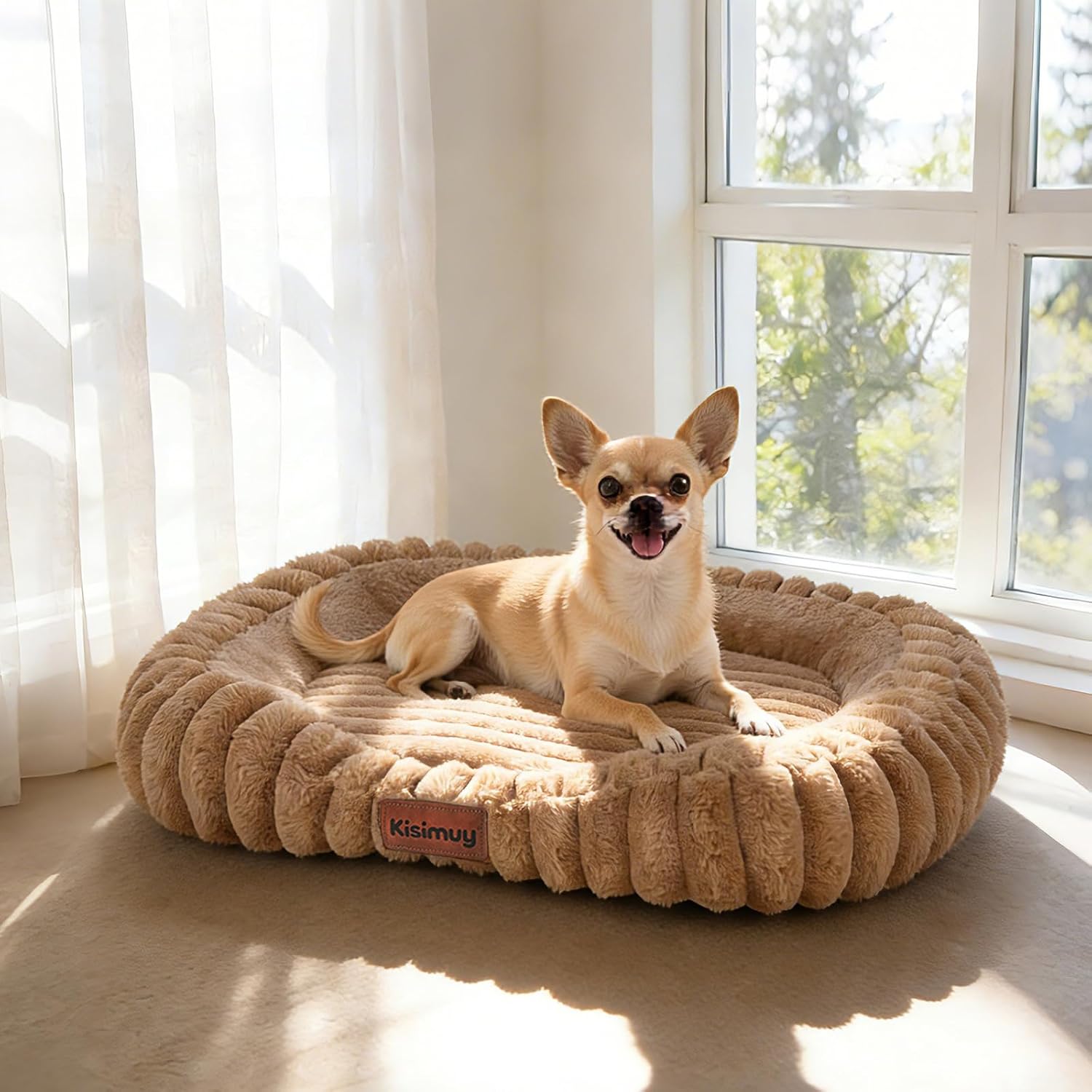 Cute Washable Dog Bed for Small Dogs -Soft Plush Calming Puppy & Cat Bed with Anti-Slip Bottom, Rectangle Anti-Anxiety Puppy Kennel Bed with Handle, 25″ x 21″ x 4″, Brown