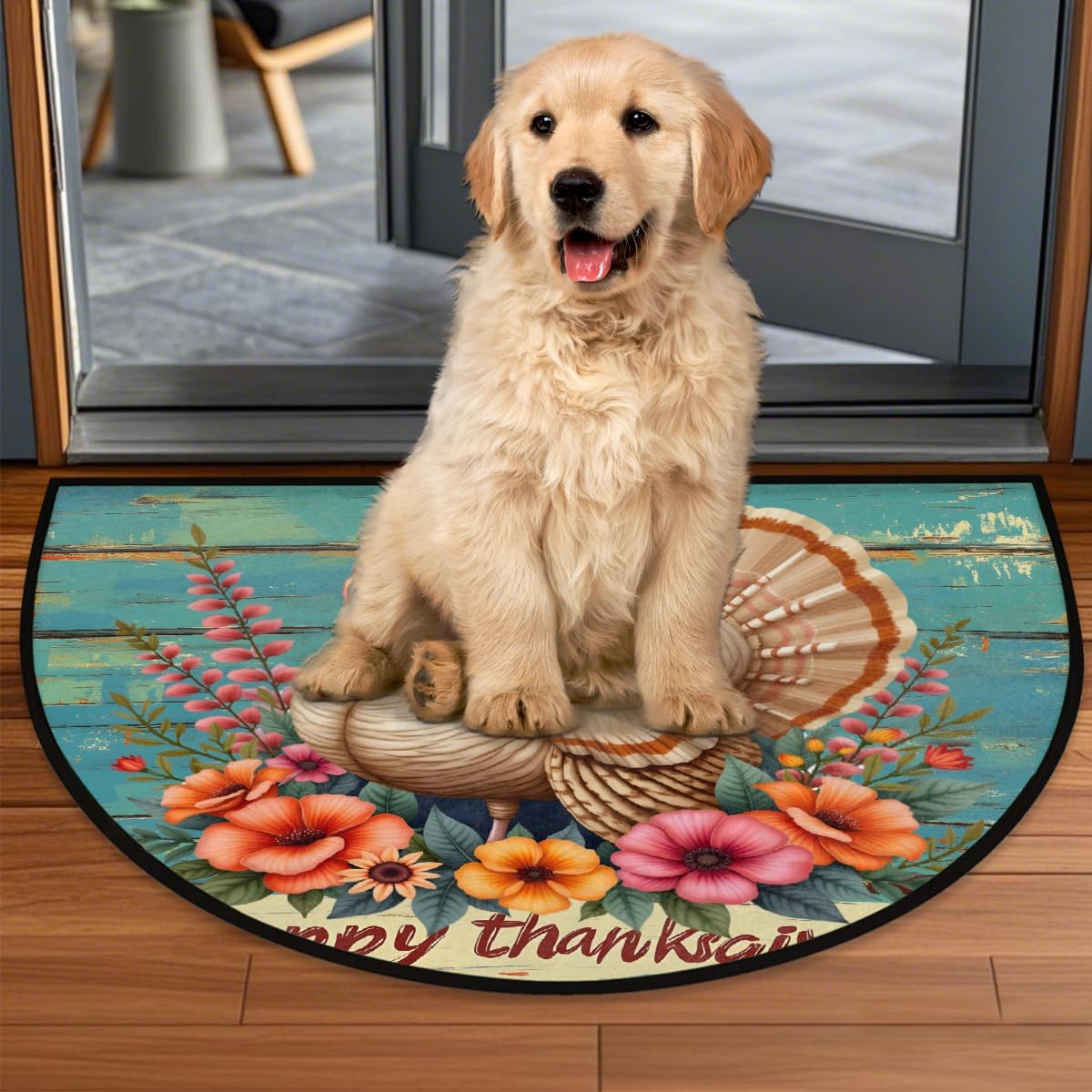 Half Round Door Mat Colorful Thanksgiving Turkey Non Slip Absorbent Semi Circle Area Rugs Washable Half Moon Floor Mats for Indoor Patio Kitchen Bathroom Entryway Fireplace Home Carpet Decor