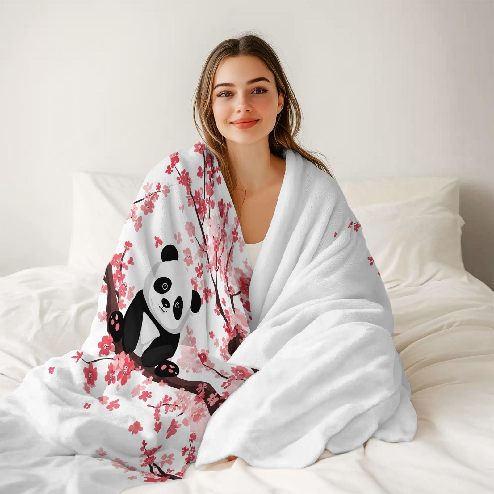 Bianco Coperta in Pile di Flanella 200 x 220 cm – Minimalista Panda Fiori Morbida e Accogliente, Plaid Stampato per Divano Letto o Viaggio