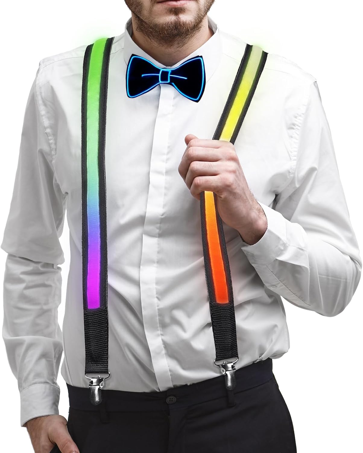 Luwint Light Up Suspenders and Bow Tie LED Flashing Suspenders with Glowing Bowtie Rave Festival Accessory Party Supplies for Men Women Teens