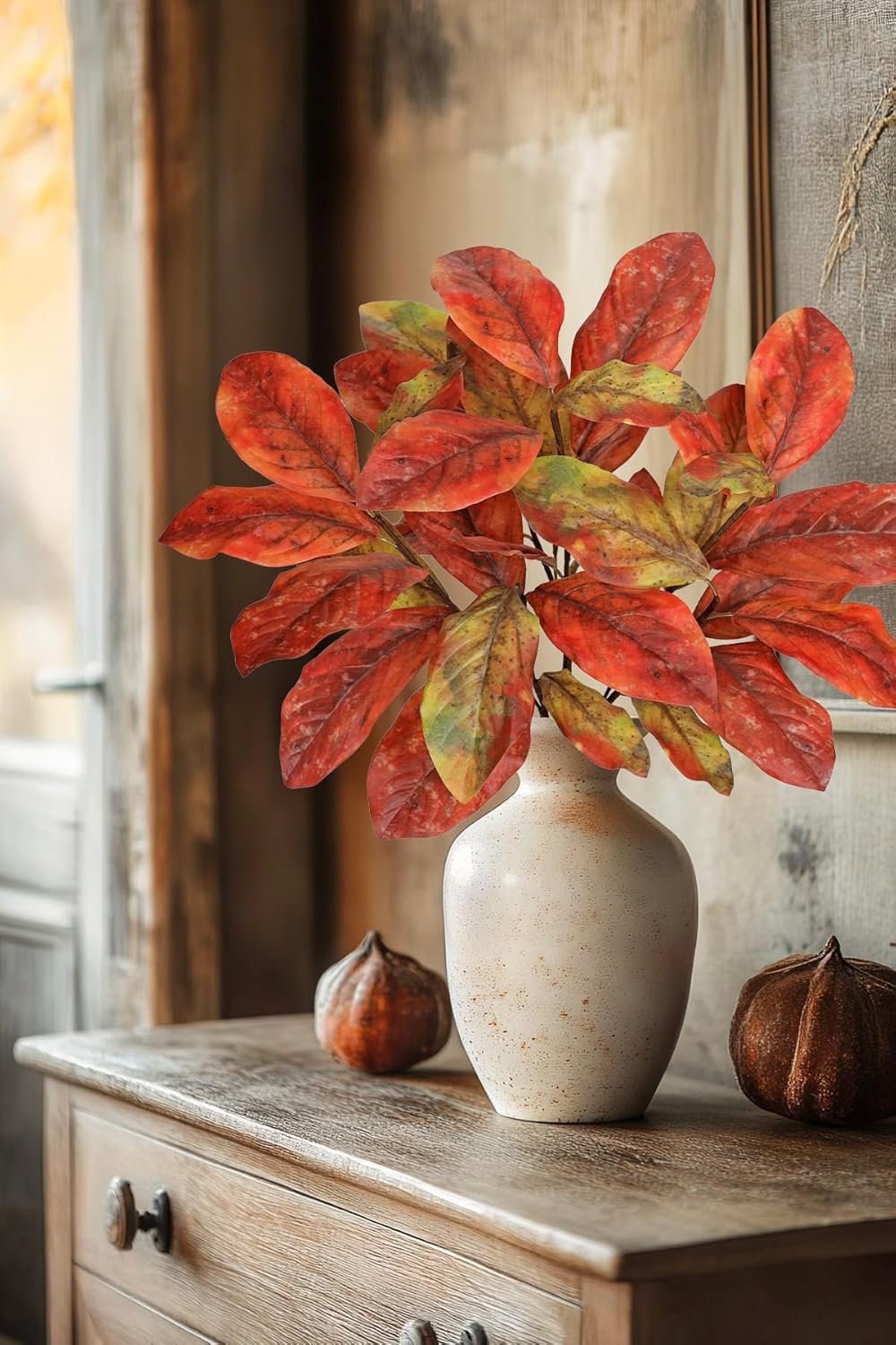 Artificial Magnolia Fall Leaves Stem 31 inch Fake Autumn Foliage Branches Leaf for Home Kitchen Farmhouse Vase Thanksgiving Table Centerpieces Party Decor Orange - Image 5