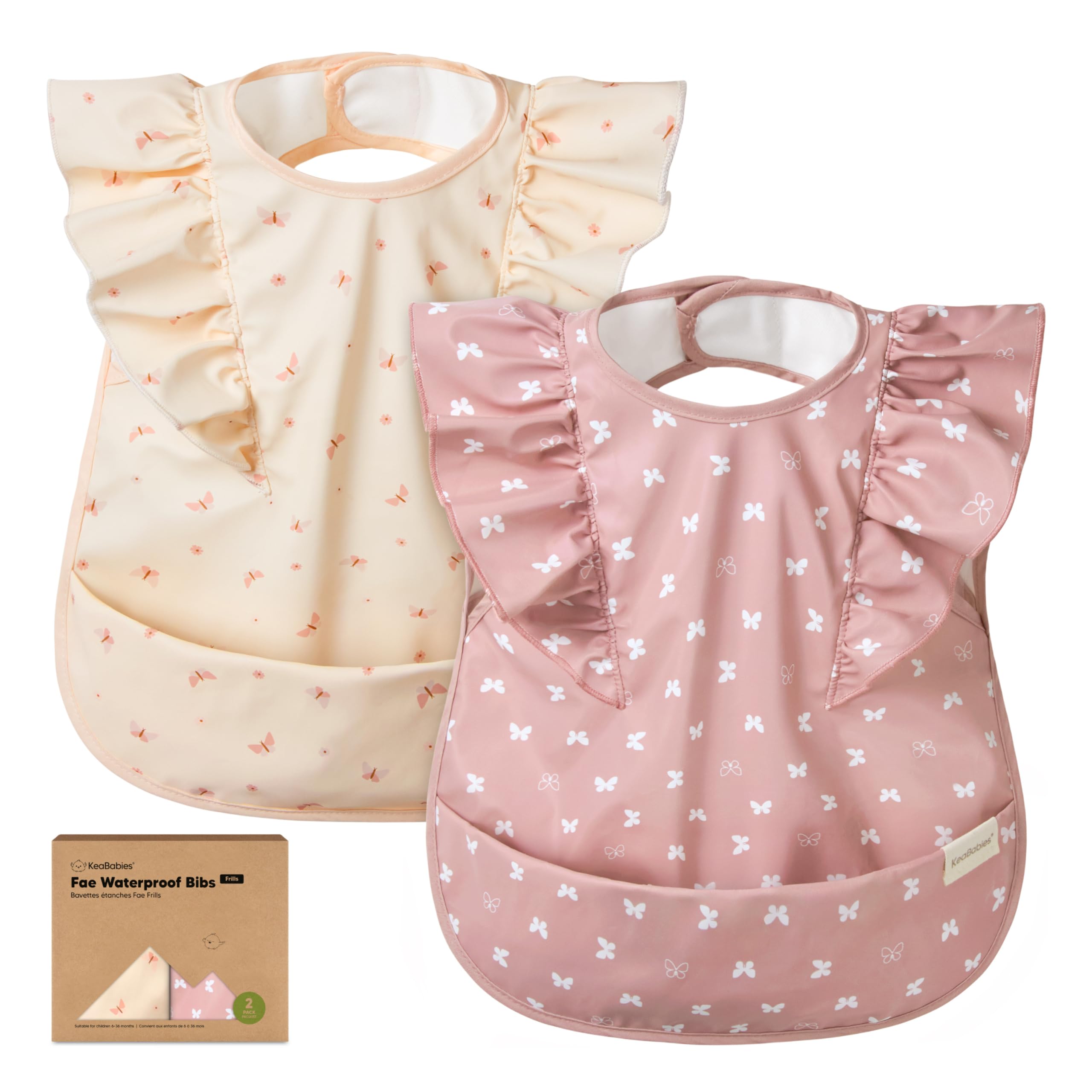 KeaBabies Waterproof Bibs for Baby Girl,Boy, 2-pk Lightweight (Butterflies) | Large Baby Bibs for Eating, Wearable Food Catcher, 6-12 Months Baby Feeding Essentials, Smock Bib for Toddlers 1-3, Kids