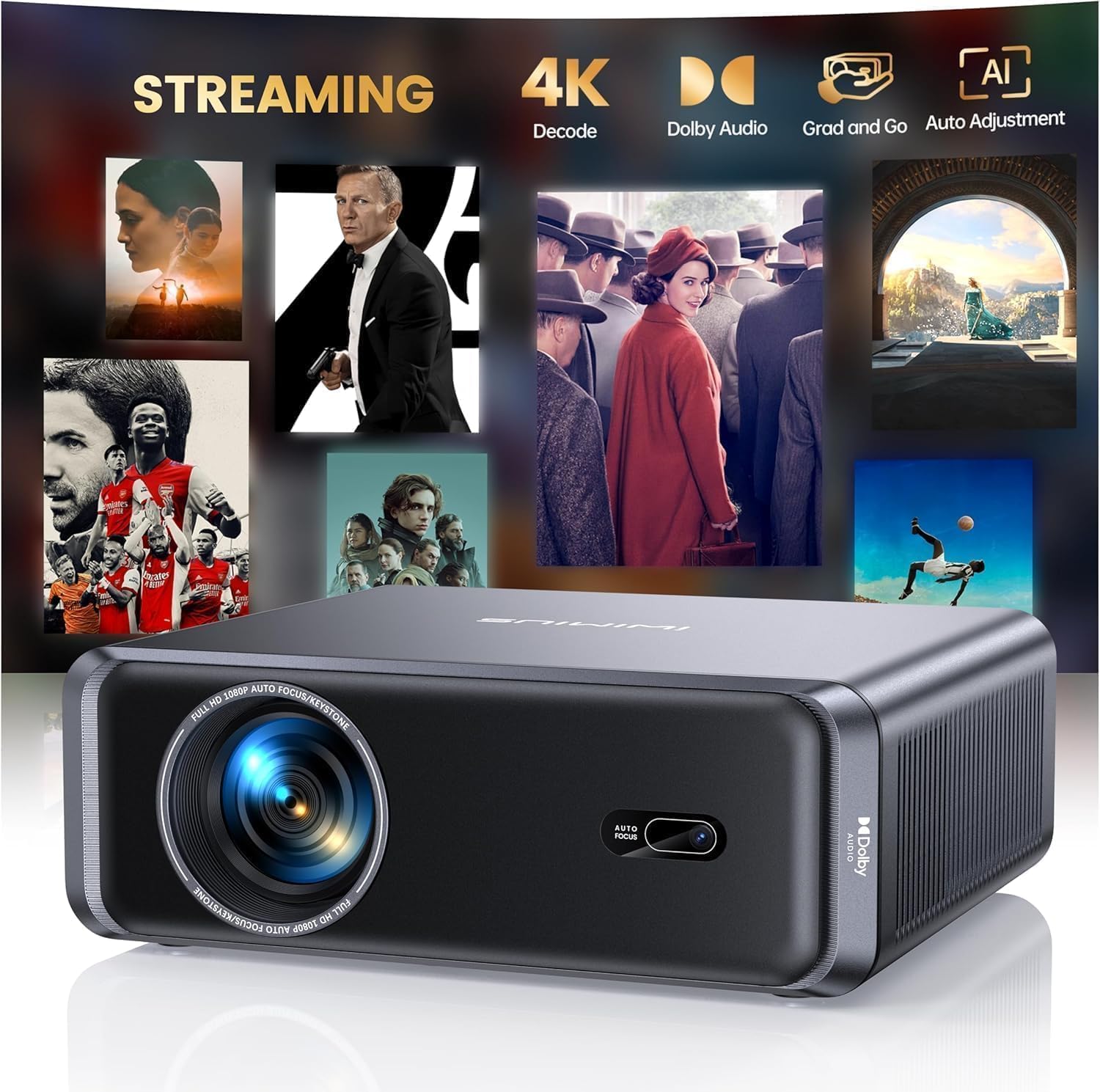 Proiettore 4K [Compatibile con Netflix]1000ANSI Auto Focus/Keystone 4k smart tv Projector, WiFi6 Two-way Bluetooth5.3 Proiettore Portatile 1080p nativo con HDMI ARC/CEC Home Cinema/Esterno Nero
