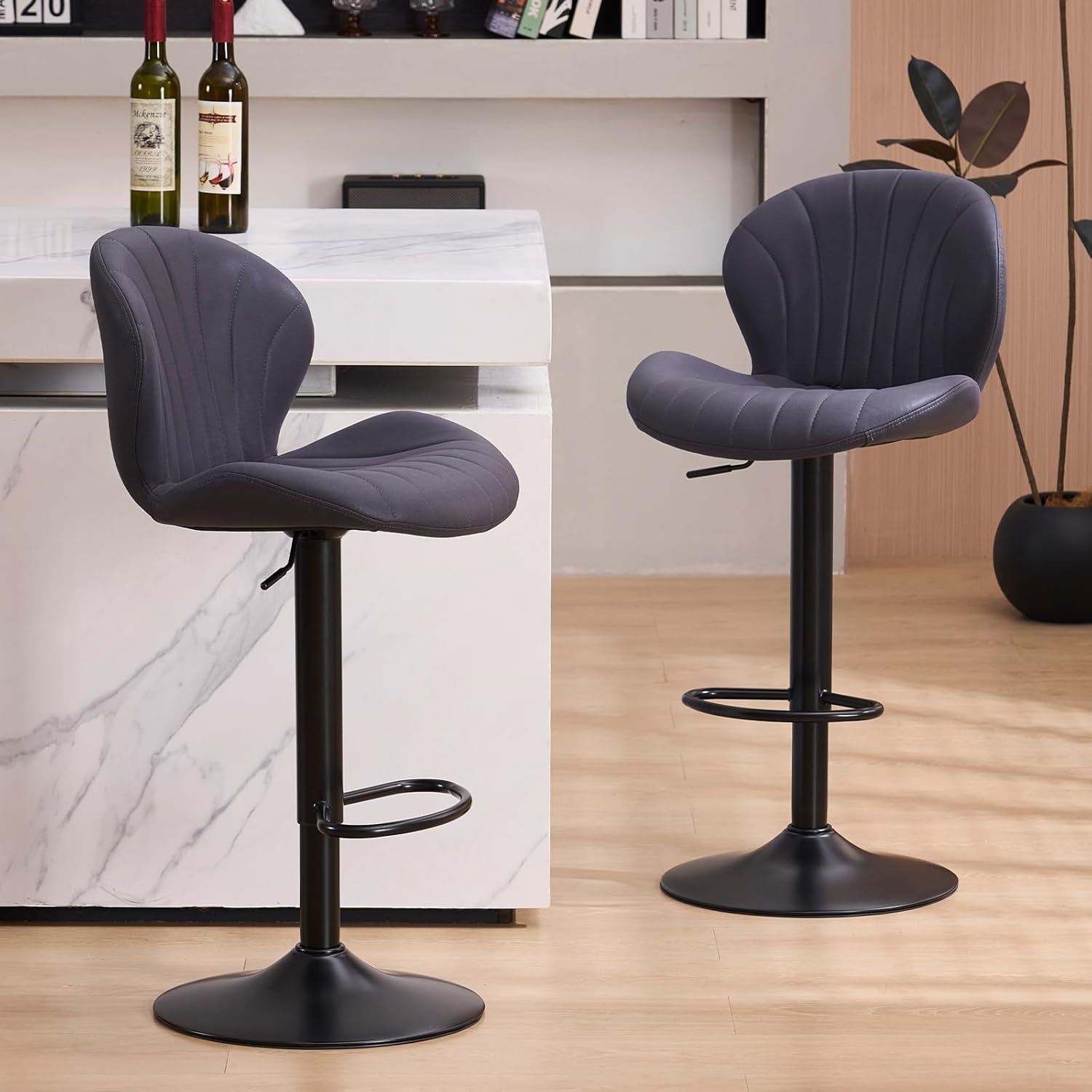 Bar Stools Set of 2, Modern Swivel Bar Chairs, Barstools Counter Height with High Back, Faux Leather Upholstered for Kitchen Island, Bar, Dining Room, Grey