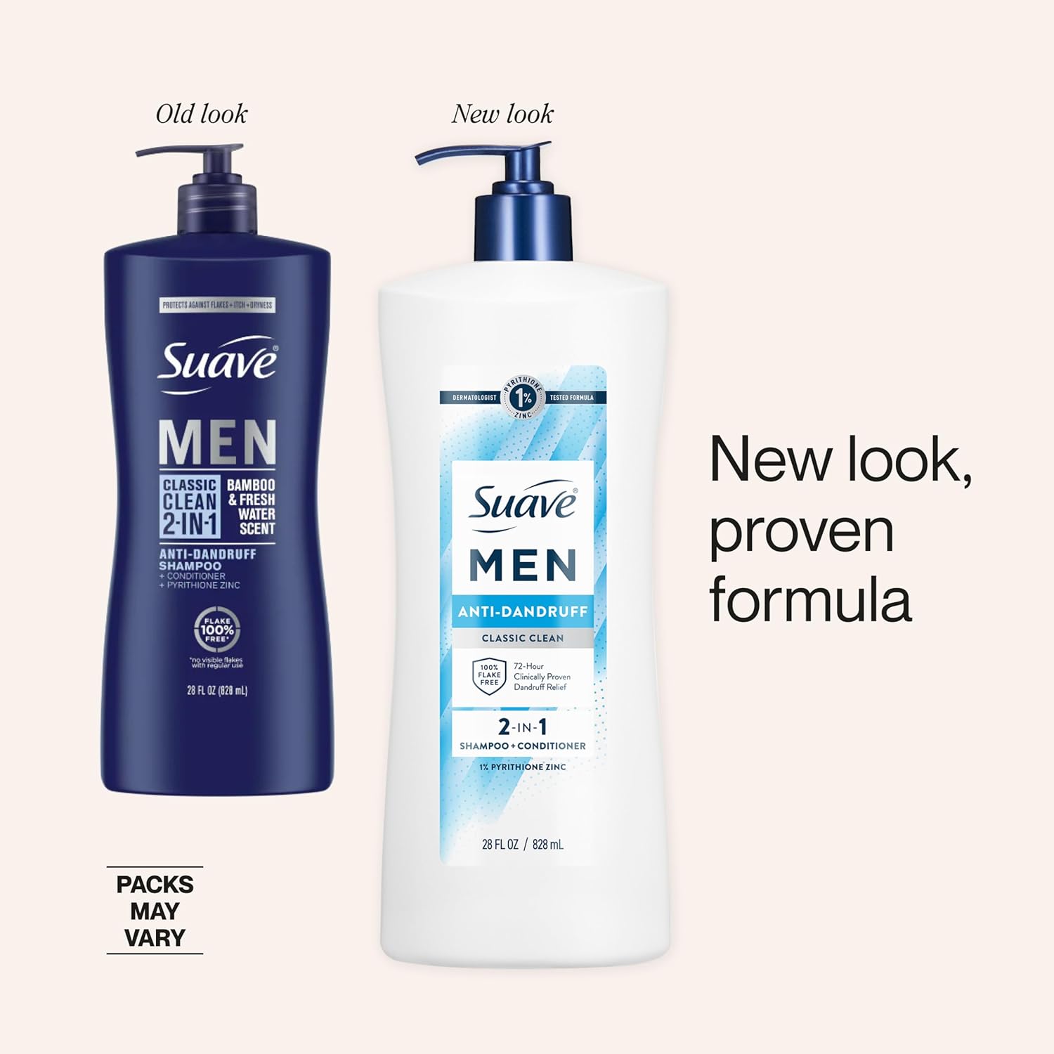 Suave Men 2 in 1 Anti-Dandruff Shampoo & Conditioner, Classic Clean, 1% Pyrithione Zinc, Clinically Proven Relief for Itchy, Dry Scalp & 72HR Flake Control, 4 Count, 28 FL OZ