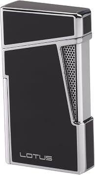 Lotus Apollo Cigar Lighter with Double Wind-Resistant Torch Flames, All Metal Housing, Integrated Cigar Punch, Large Flame Adjuster Black Lacquer & Polished Chrome
