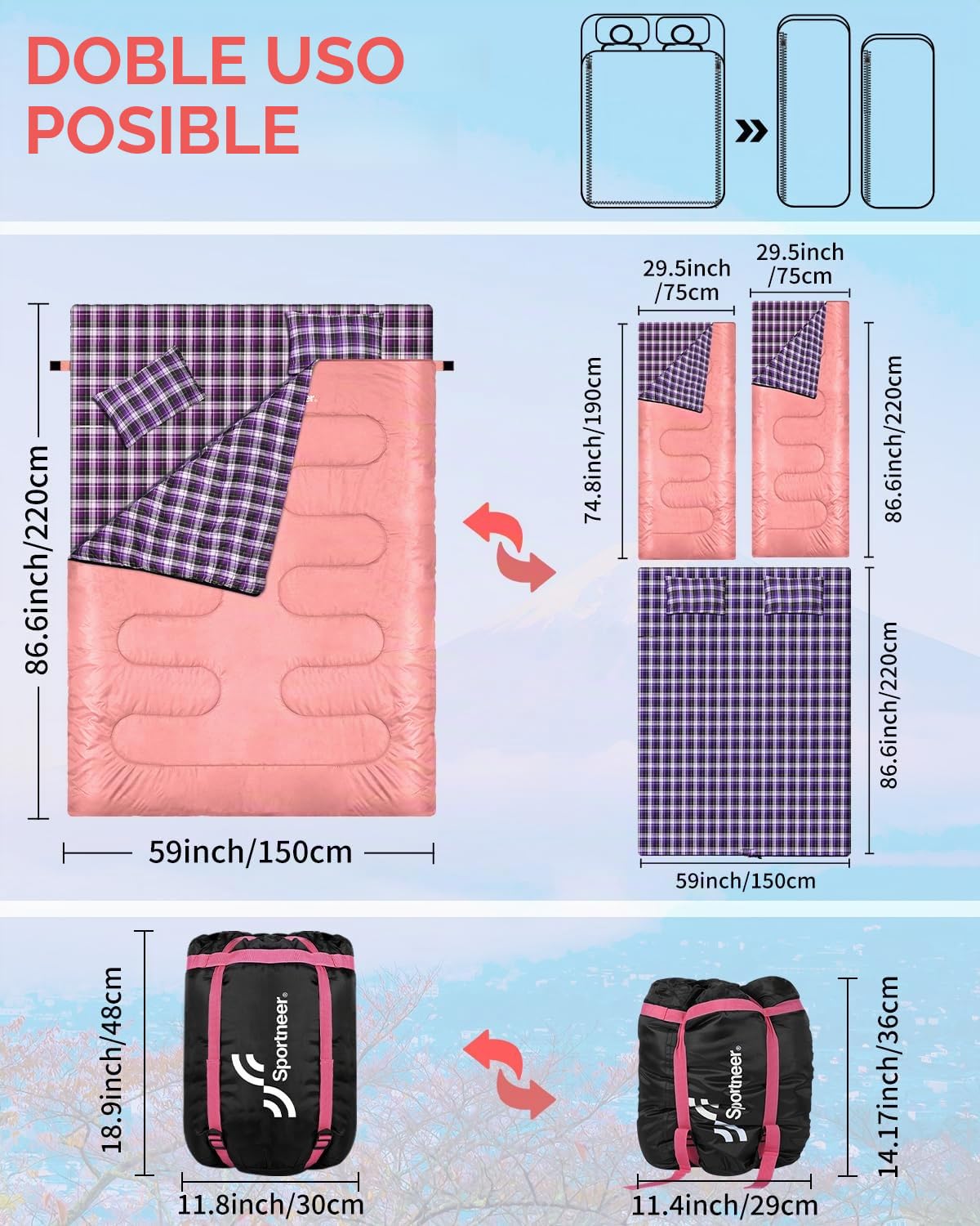 Sportneer - Saco de Dormir Doble para Exteriores, 2 Personas, 3 Estaciones, 220 x 150 cm, 2,75 kg con 2 Almohadas, Cuatro Cremalleras Dobles, para Adultos