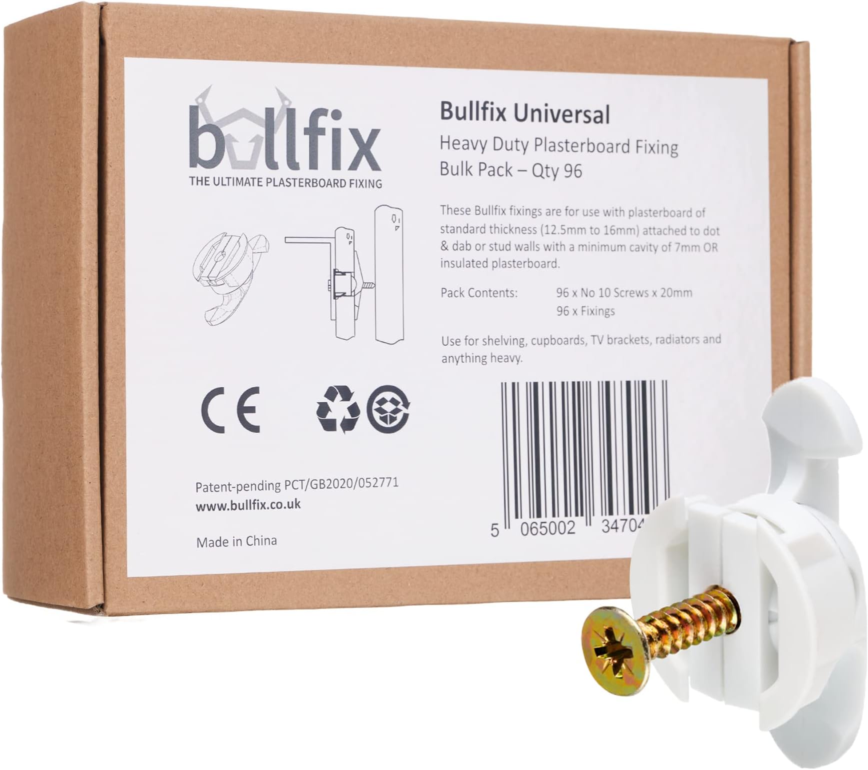 Universal' 96 Pack - Heavy Duty Plasterboard Fixings, Drywall Anchor, Hollow Wall Fixings for Dot & Dab, Insulated Plasterboard, Stud Wall & Hollow Cavity Walls, DIY Kit with Screws