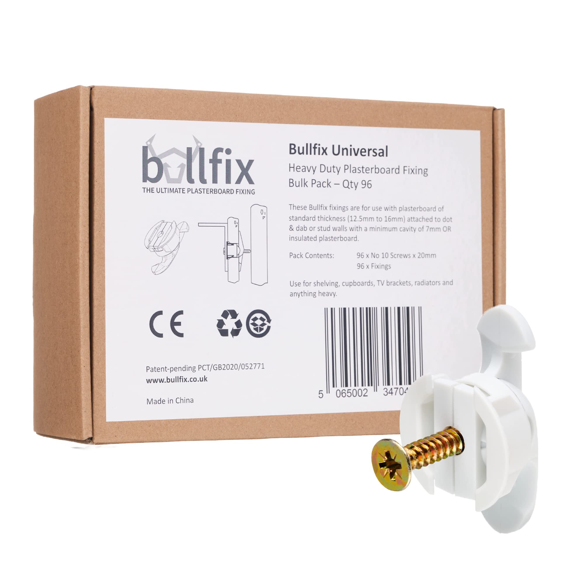 Bullfix 'Universal' 96 Pack - Heavy Duty Plasterboard Fixings, Drywall Anchor, Hollow Wall Fixings for Dot & Dab, Insulated Plasterboard, Stud Wall & Hollow Cavity Walls, DIY Kit with Screws