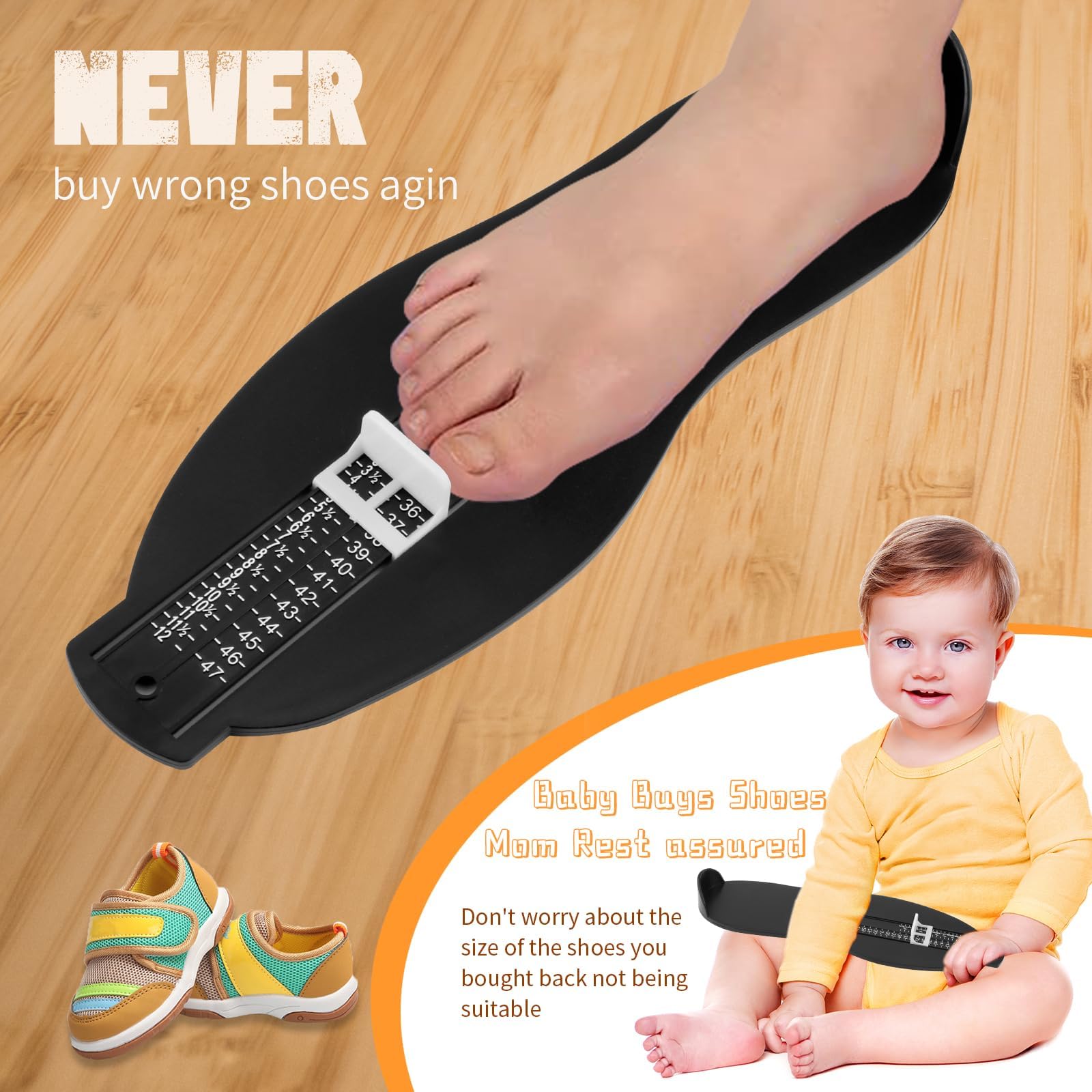 Pedimetre Enfants et Adultes Appareil de Mesure du Pied pour le Mesureur de Chaussures Pointure Chaussure Mesurer Pied Dispositif de Mesure pour Déterminer la Pointure 18 à 47 (Noir)