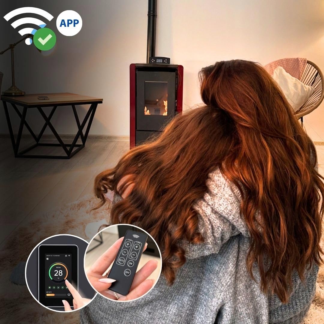 Estufa pellets THUNDER WLAN, automática, termostato, temporizador, kit tubo humos, acero, Ecodiseño, CE, BImSchV. (LEYLA RED, 6,3 KW)