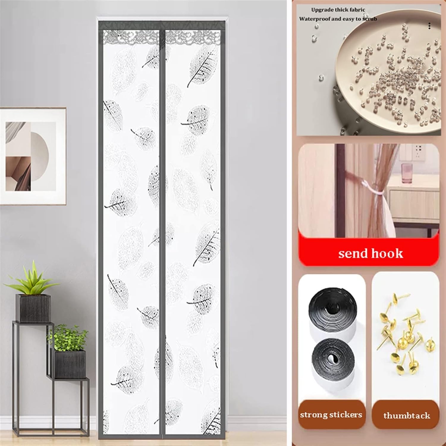 VXHCS Insulated Door Curtain, EVA Door Screen, Magnetic Thermal and Insulation Hands Free Windproof Waterproof Suitable for Bedroom,Entrance (Color : Gray Leaves, Size : 85x200cm)