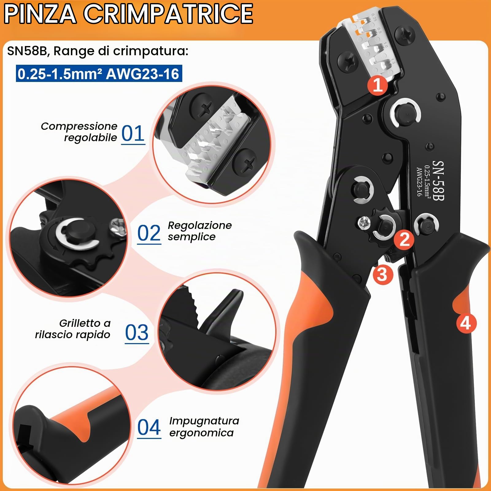 Kit connettori elettrici per auto 969 pezzi con crimpatrice SN-58B, terminali 1,0–3,5 mm, tappi di tenuta e 18 strumenti di estrazione per auto e moto