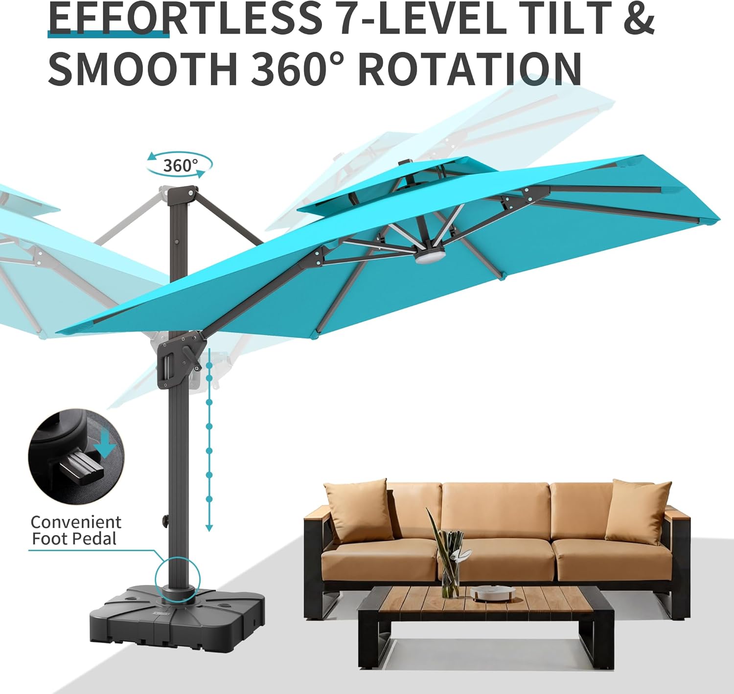 10 X 13 FT Cantilever Patio Umbrella with Base Included & Led Lights Outdoor Rectangle Offset Large Double Top Heavy Duty Umbrellas 360°Rotation for Pool Deck Backyard,Turquoise