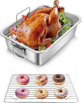 Roasting Pan,VBOYL 16 3-Piece Roasting Pan Set: Deep Pan + Flat & V-Racks. Ideal for Turkey, Chicken, Veggies, Lasagna. Heavy-Duty, Non-toxic, Easy Clean, Dishwasher Safe.