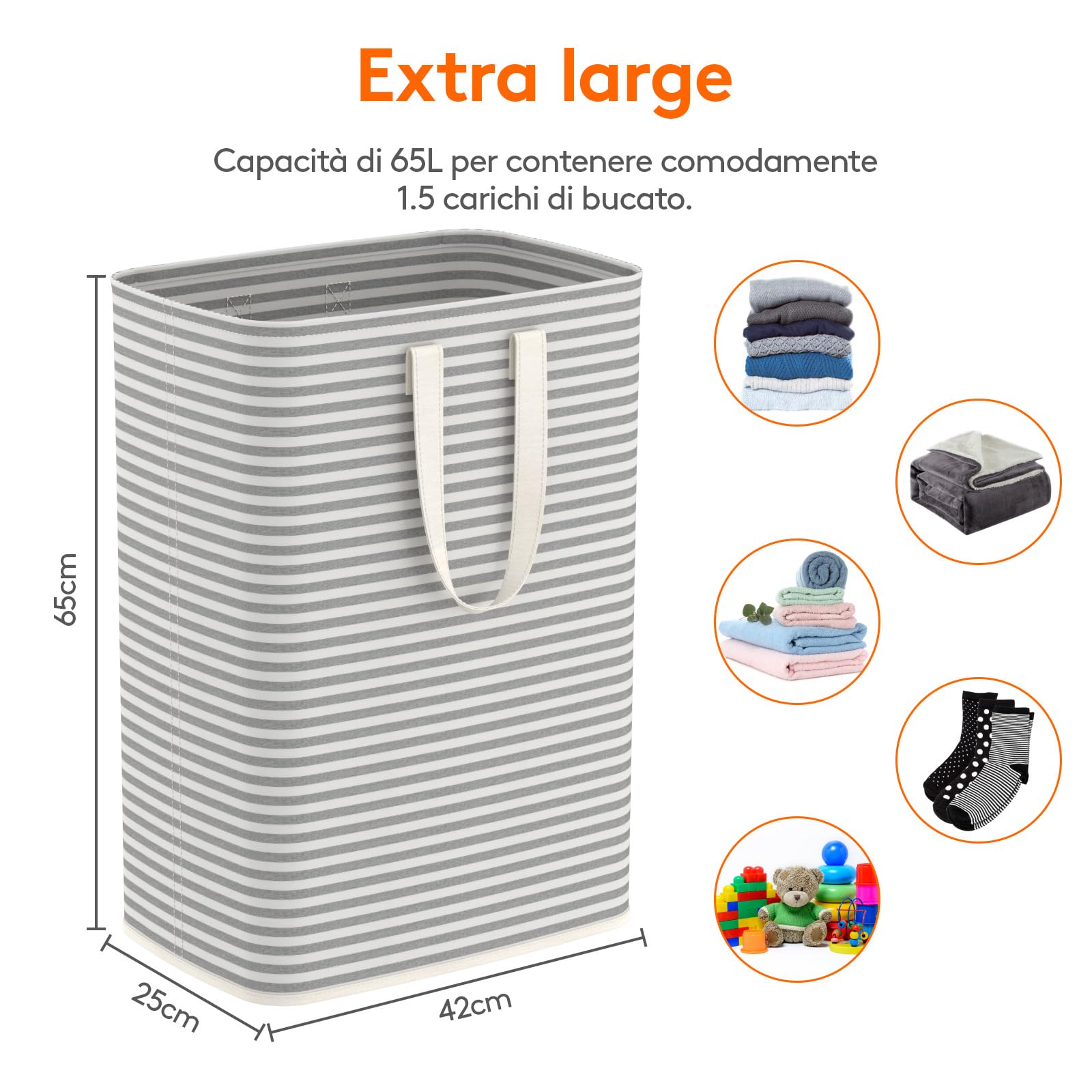 Lifewit Cesto Portabiancheria, Grande Cesta Portabiancheria Pieghevole con Manici Allungati, Portabiancheria Sporca, Laundry Basket per Vestiti, Asciugamani, Coperte, Grigio, 65 L