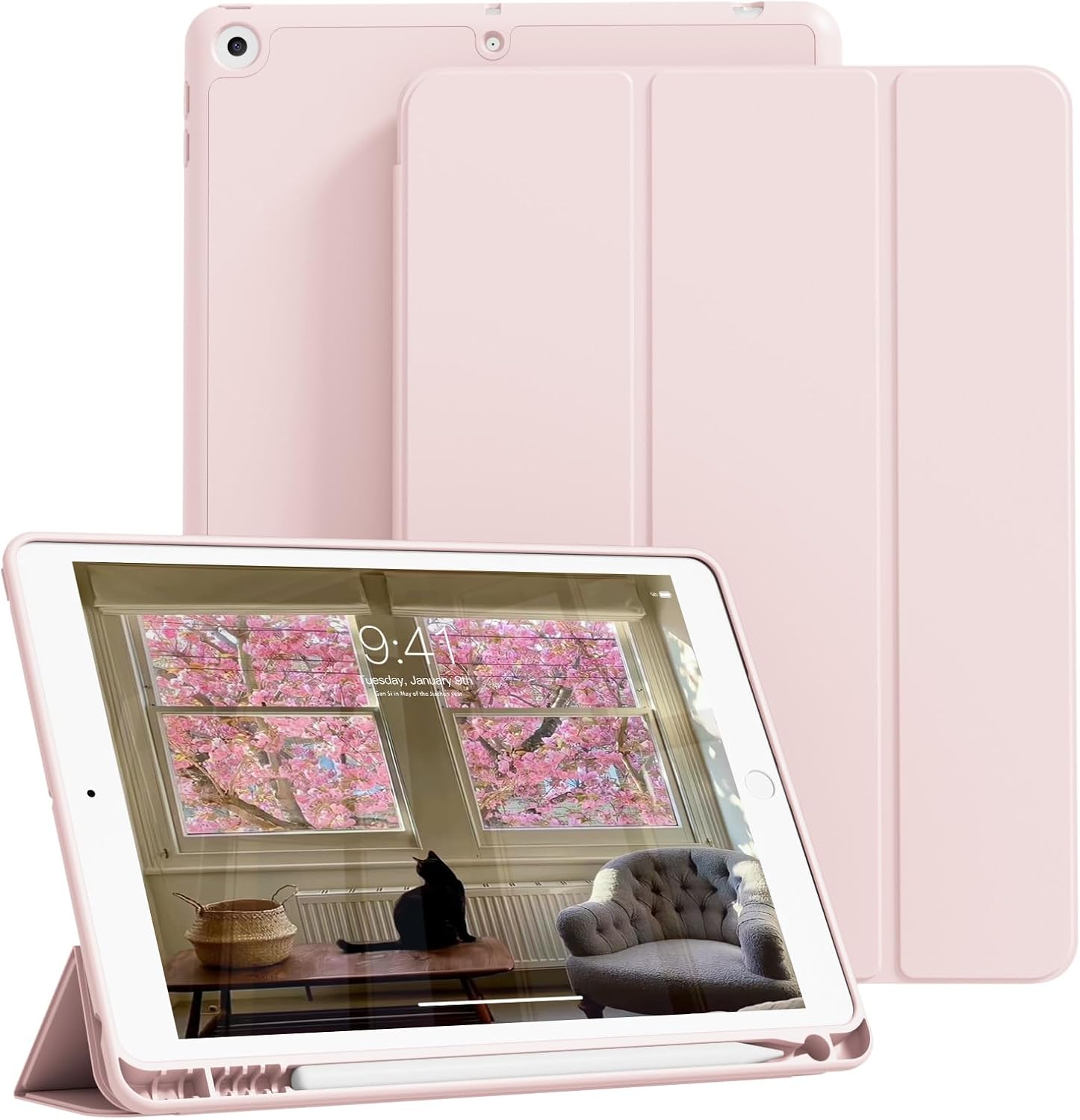 Case for iPad 9th/8th/7th Generation 2021/2020/2019 10.2 Inch with Pencil Holder Thin Tablet Protective Case with Soft TPU Back Auto Sleep/Wake for 10.2 Inch iPad 9/8/7 Pink