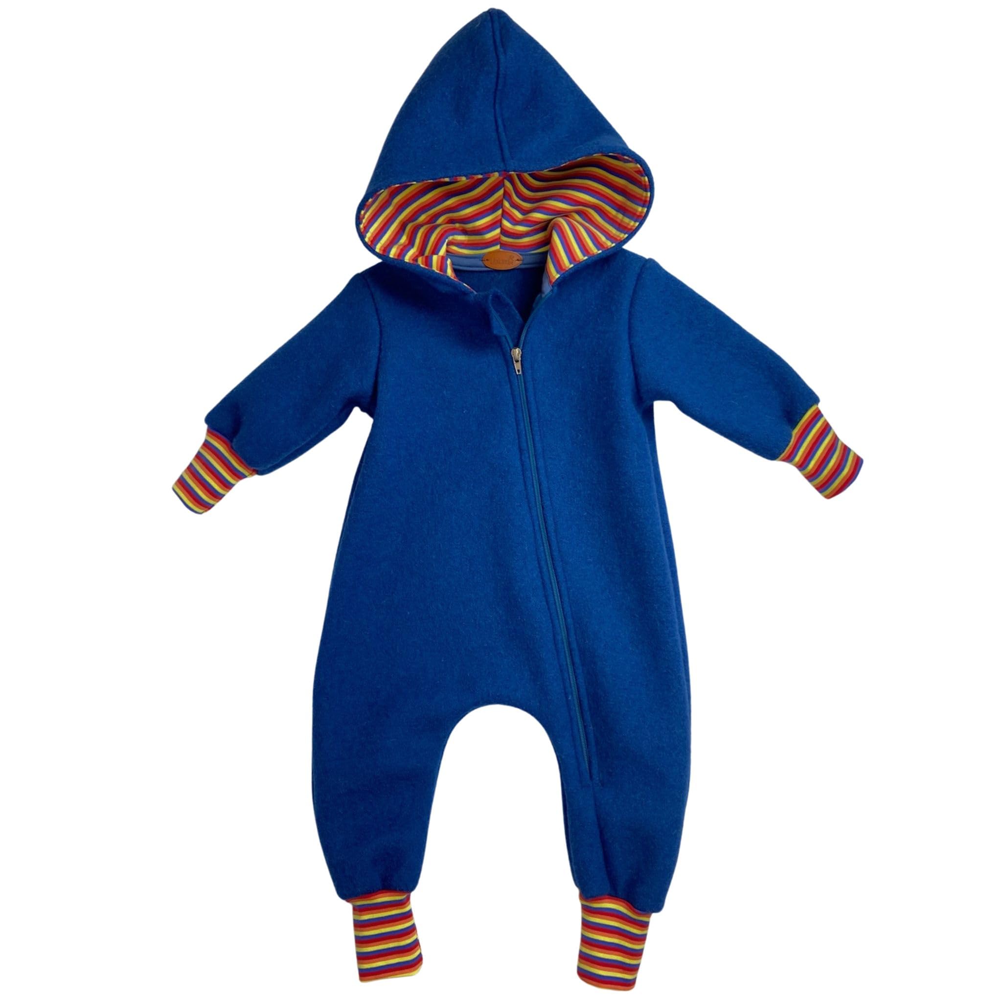 Lilakind Wollwalk Overall Baby Blau – Handgenähter Walkanzug mit Kapuze & Buntem Futter – Herbst- & Winteroverall für Jungen & Mädchen – Made in Germany – Gr. 62–110