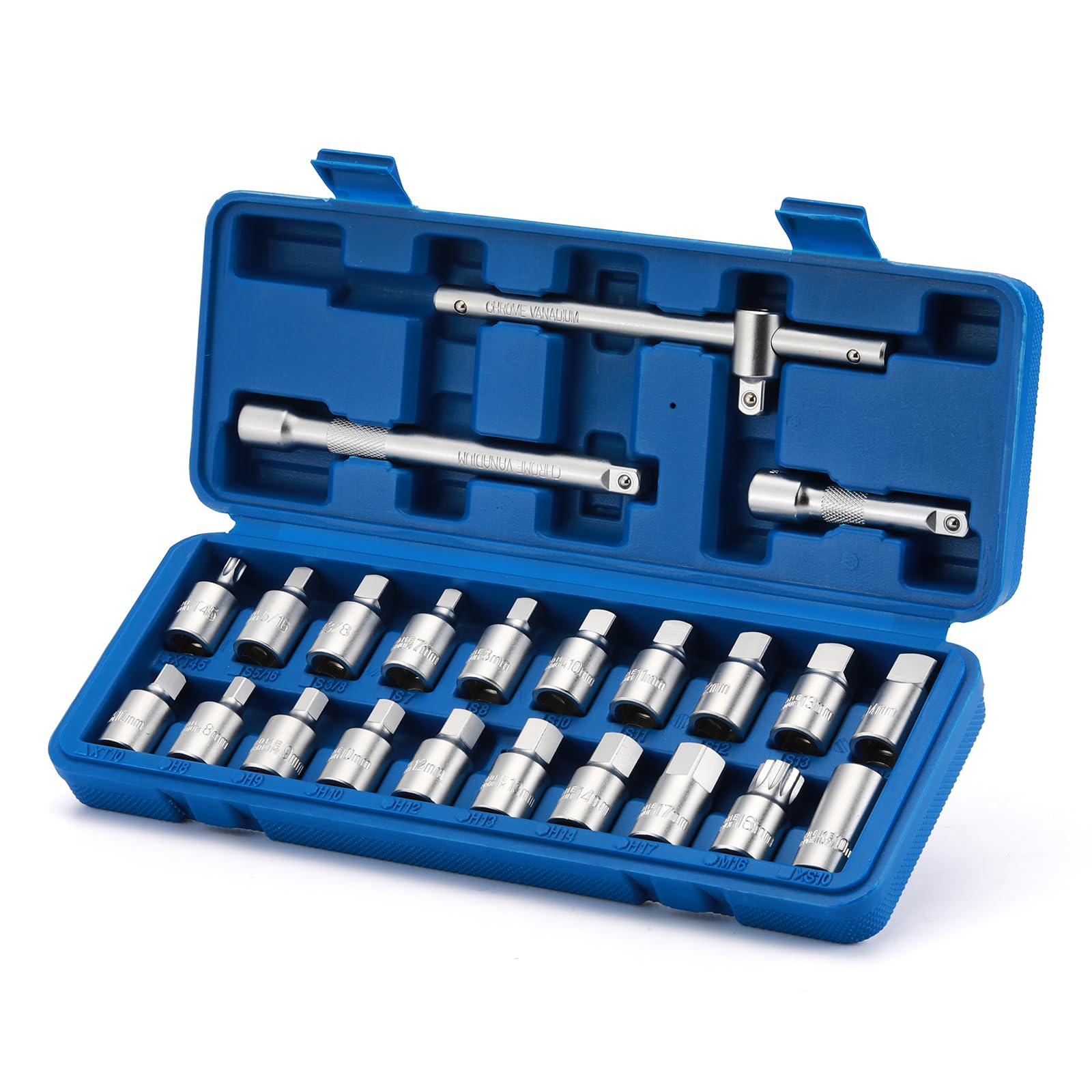 CASOMAN 23PCS 3/8" Drive Oil Drain Plug Key Socket Set, Oil Drain Sump Plug Key Socket Set including Extension Bar